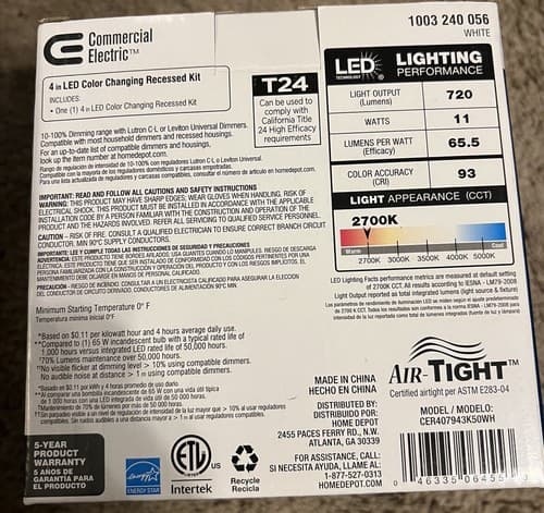 Commercial Electric 4 in. Color Changing Recessed LED Kit - Thumbnail 4