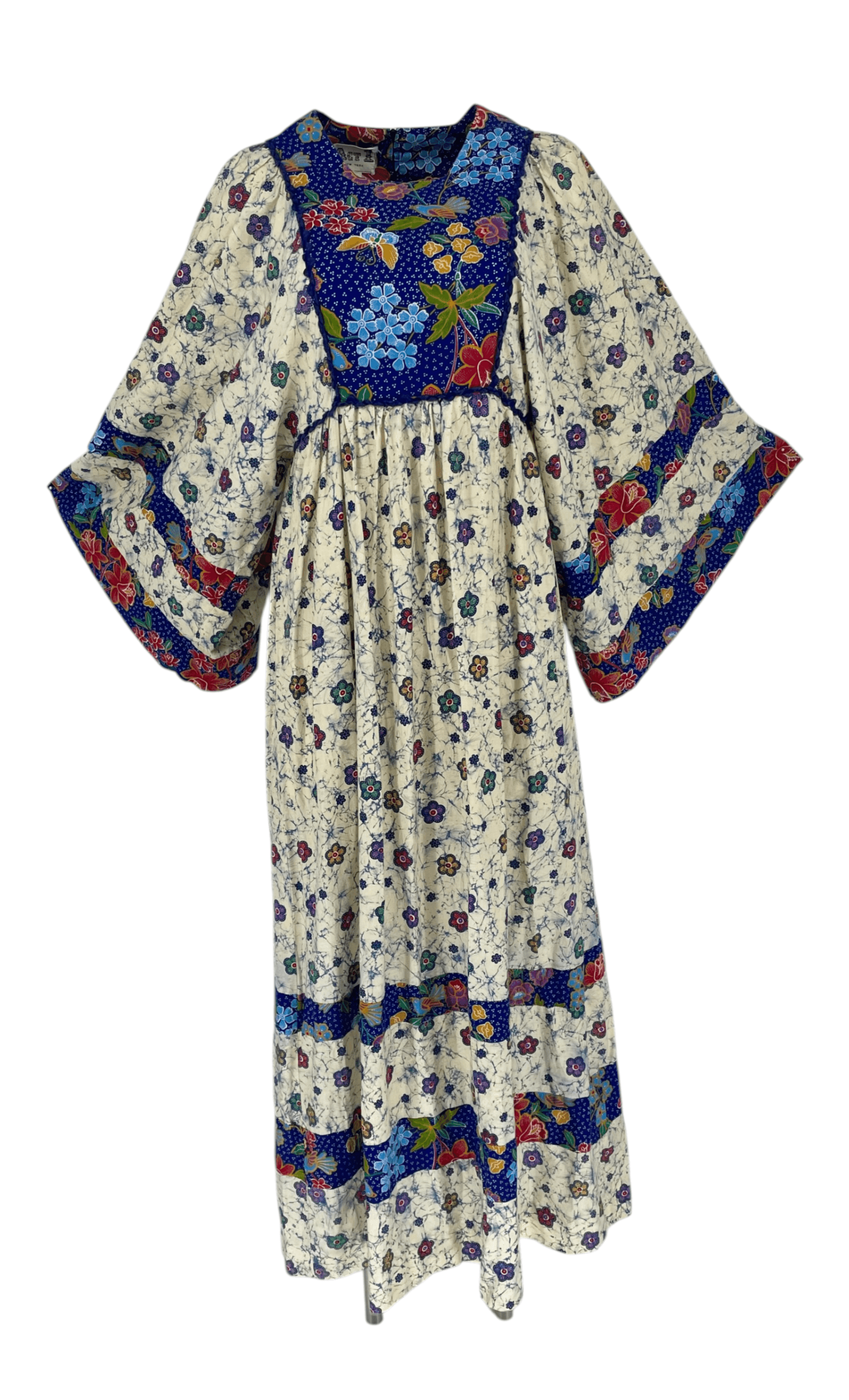 Vintage ACT I New York Hippie Angel Sleeve Maxi Dress Batik Floral Boho 70s