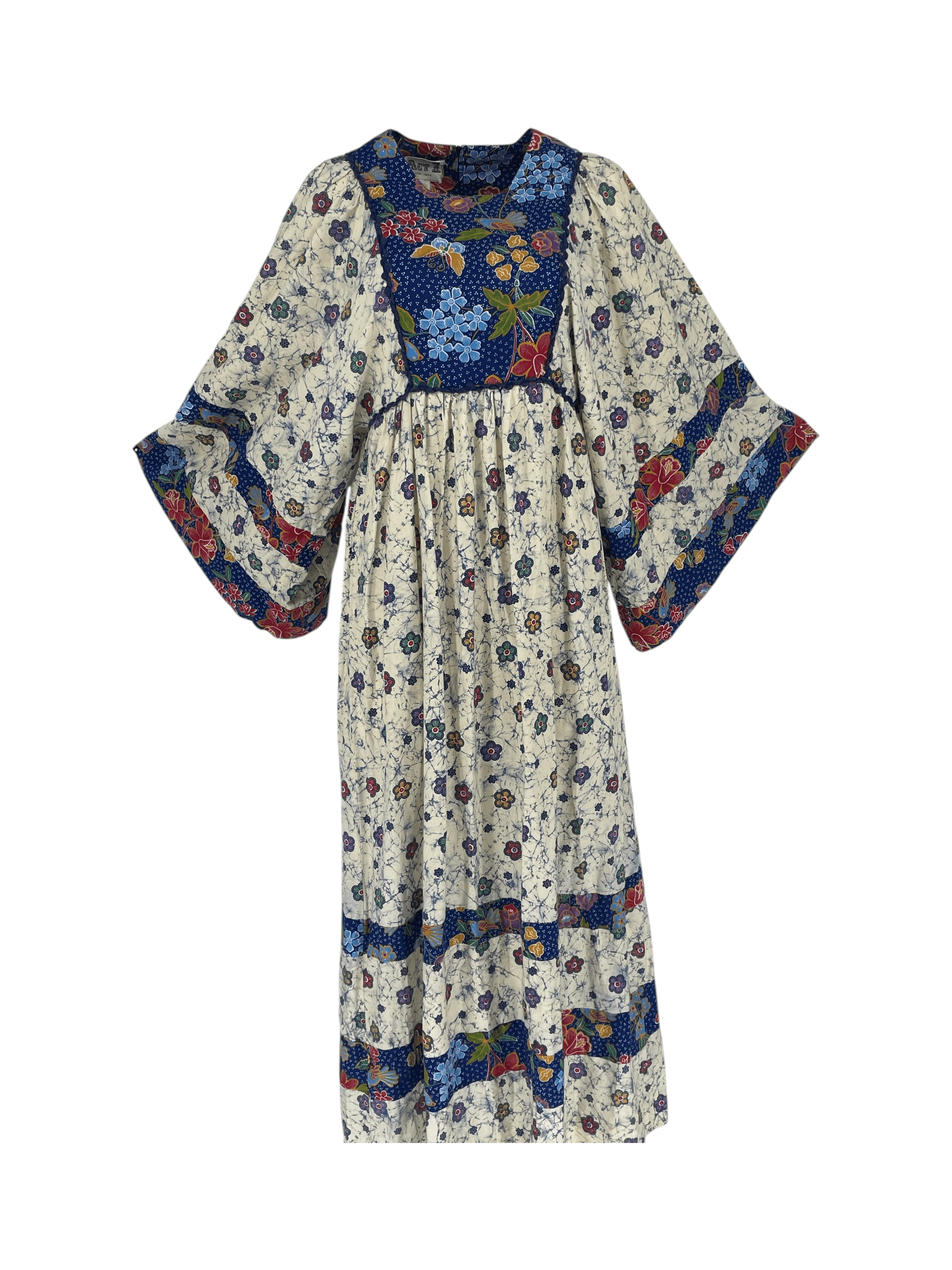 Vintage ACT I New York Hippie Angel Sleeve Maxi Dress Batik Floral Boho 70s - Thumbnail 2