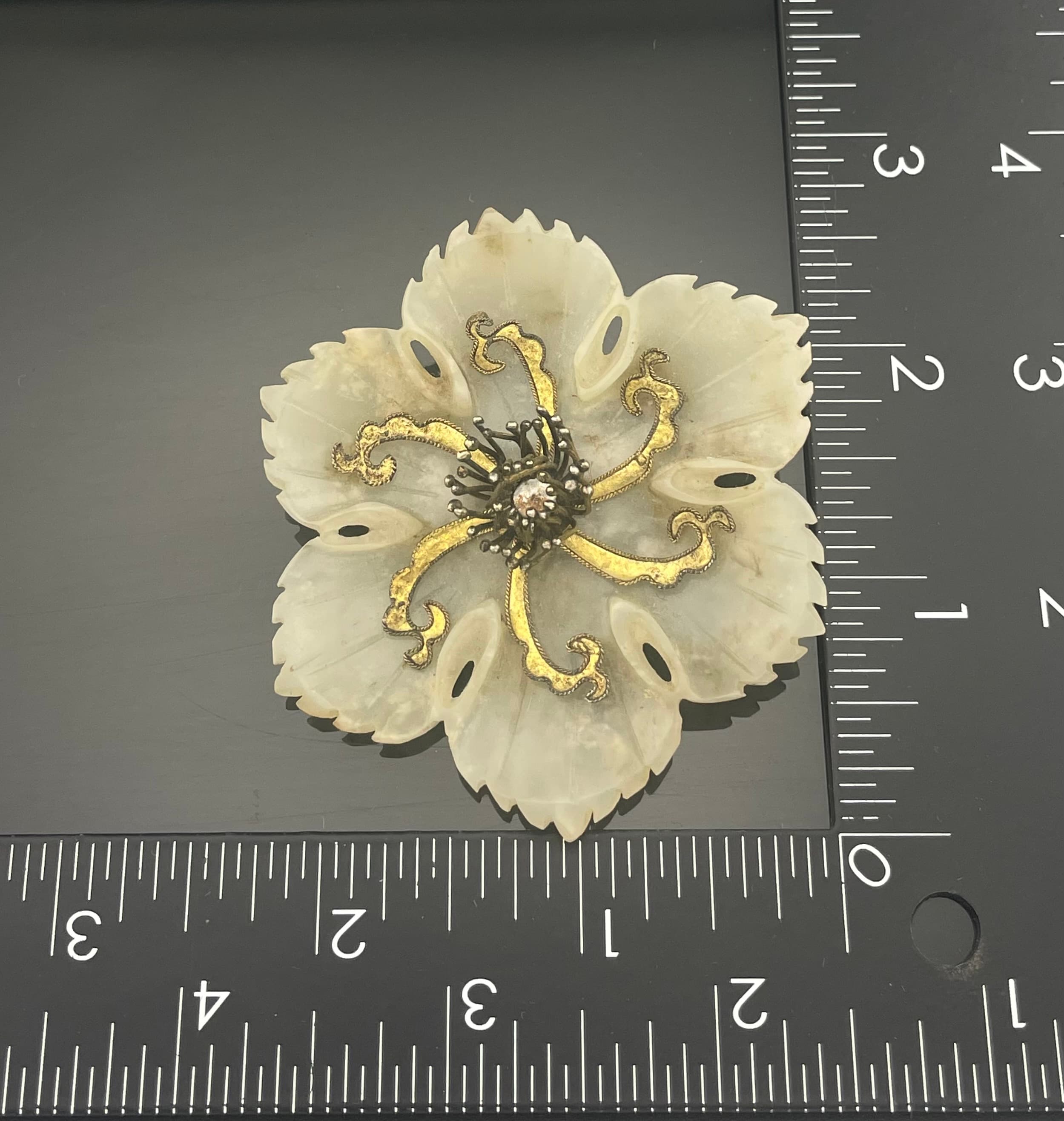 Vintage Carved White Nephrite Jade Flower Brooch Large Floral Chinese 30s 40s - Thumbnail 12