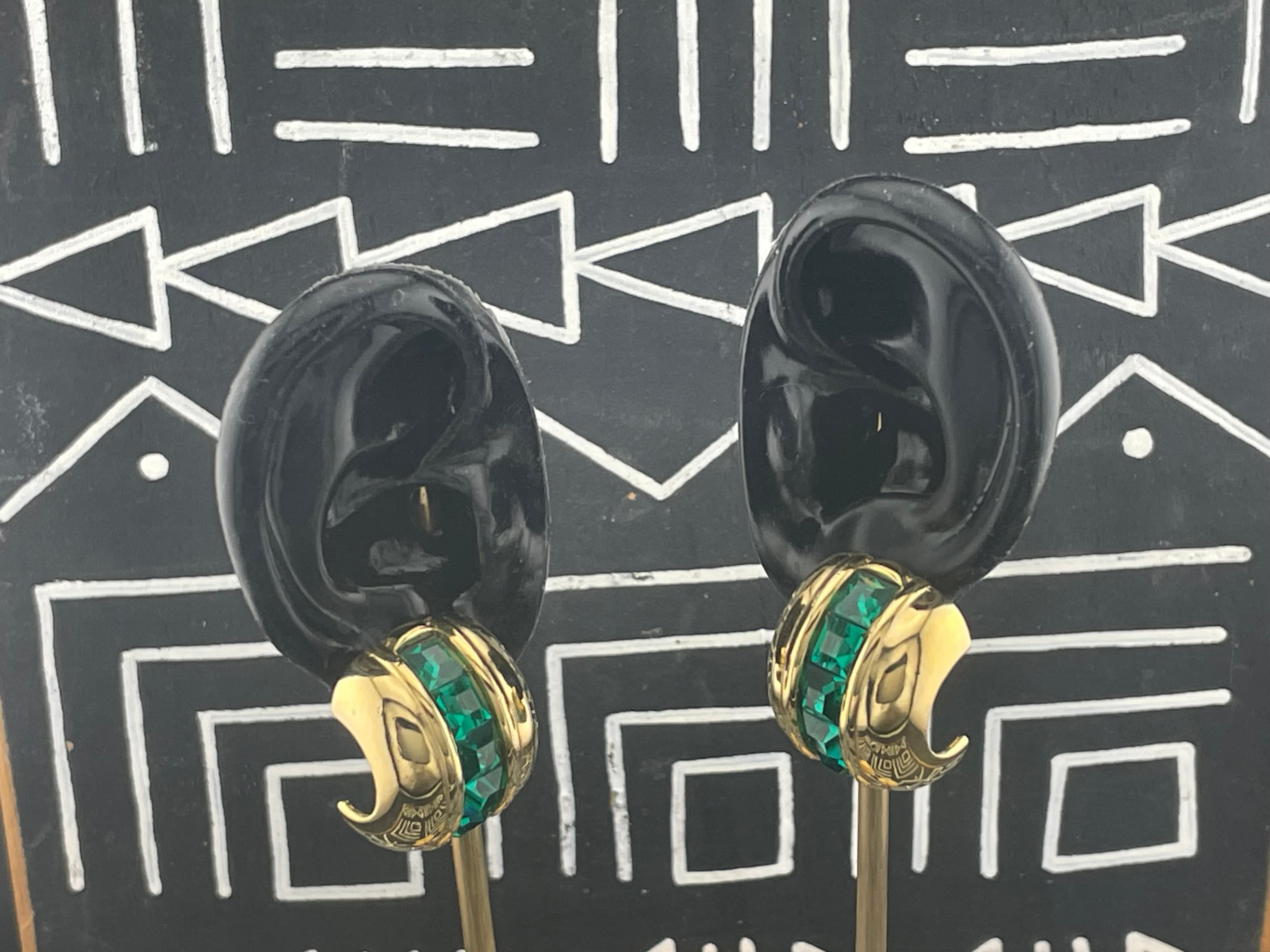 Vintage Givenchy Paris New York Emerald Green Earrings Gold Tone Designer Signed - Thumbnail 4