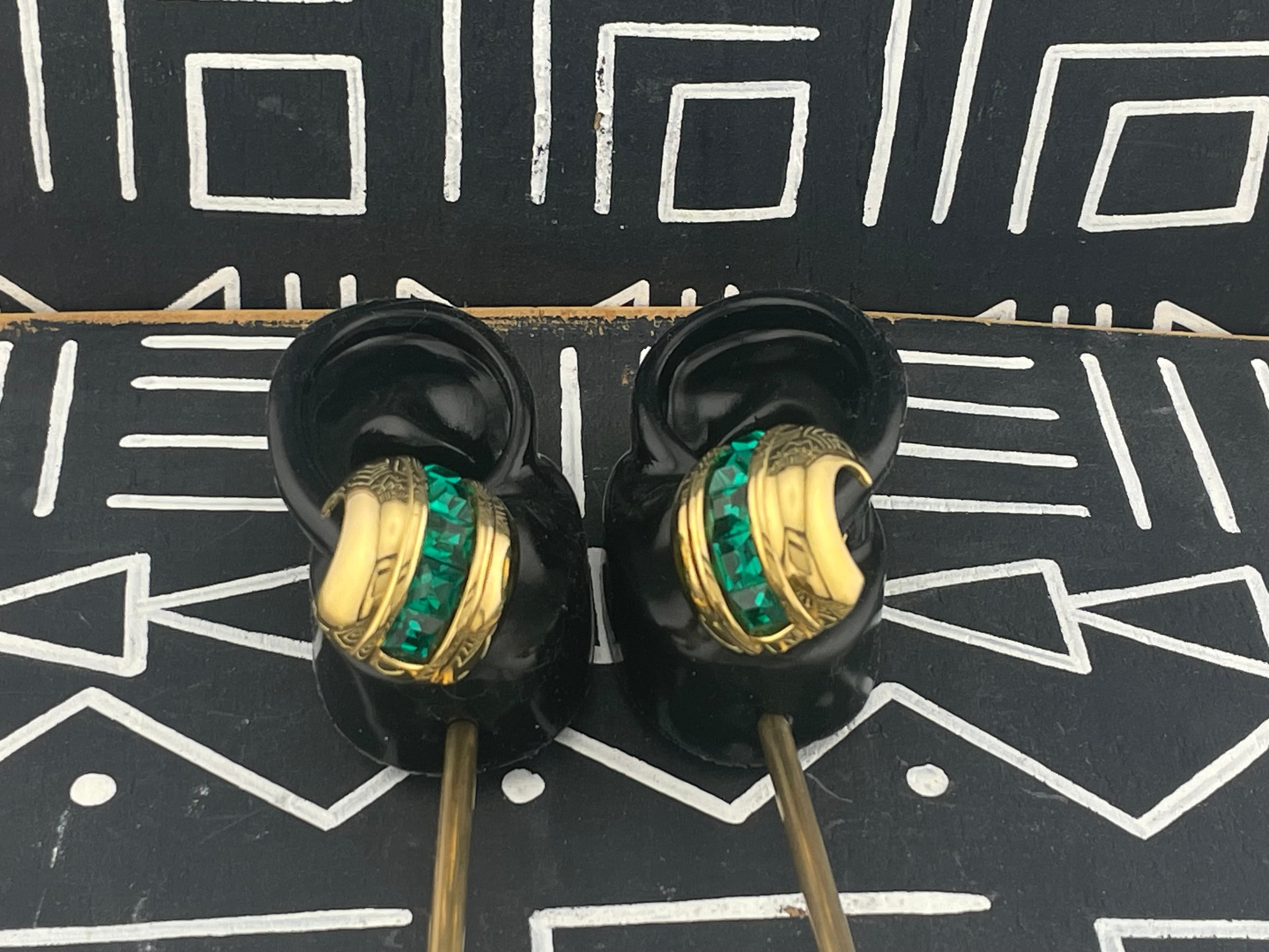 Vintage Givenchy Paris New York Emerald Green Earrings Gold Tone Designer Signed - Thumbnail 5