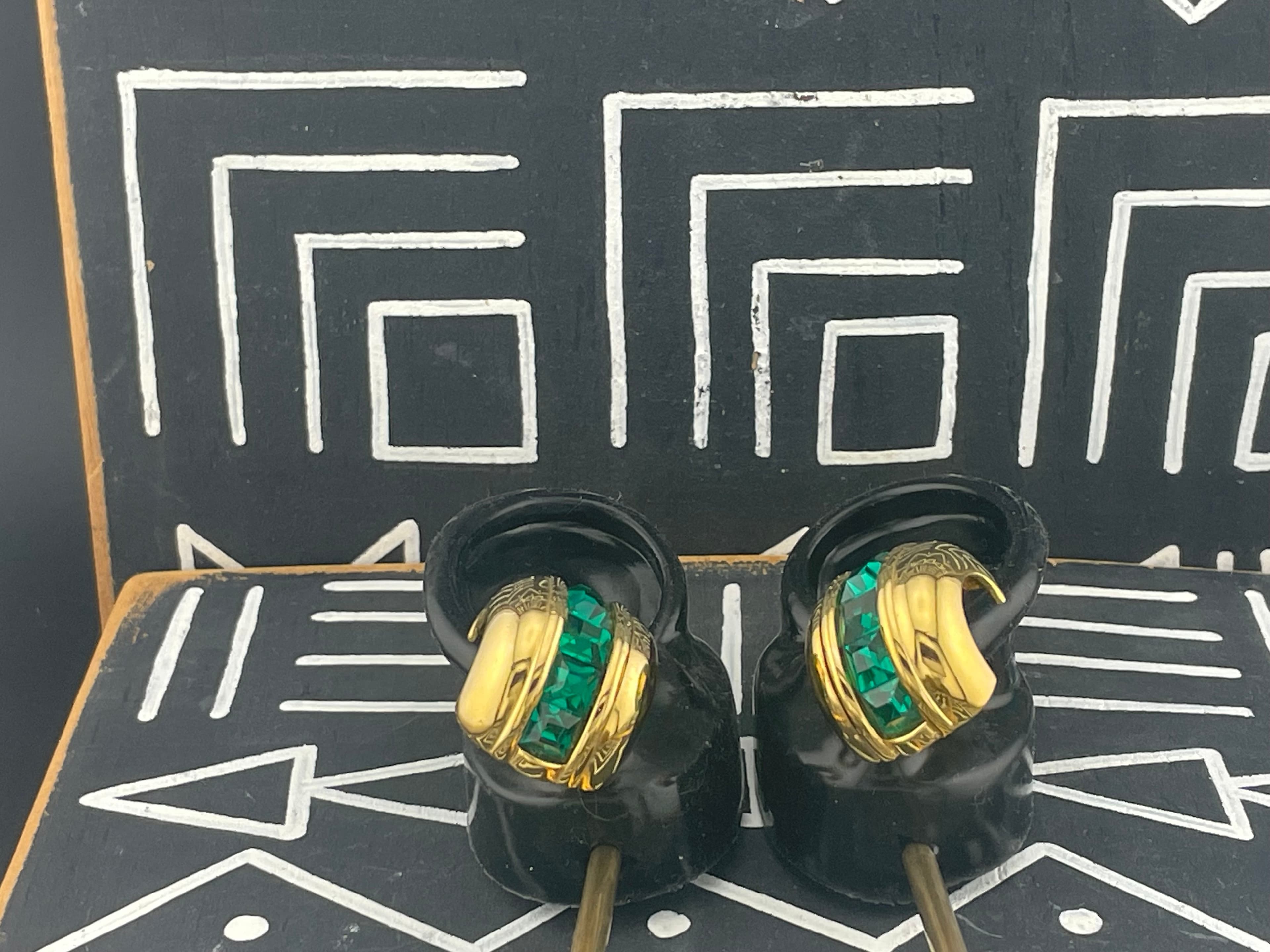 Vintage Givenchy Paris New York Emerald Green Earrings Gold Tone Designer Signed - Thumbnail 7