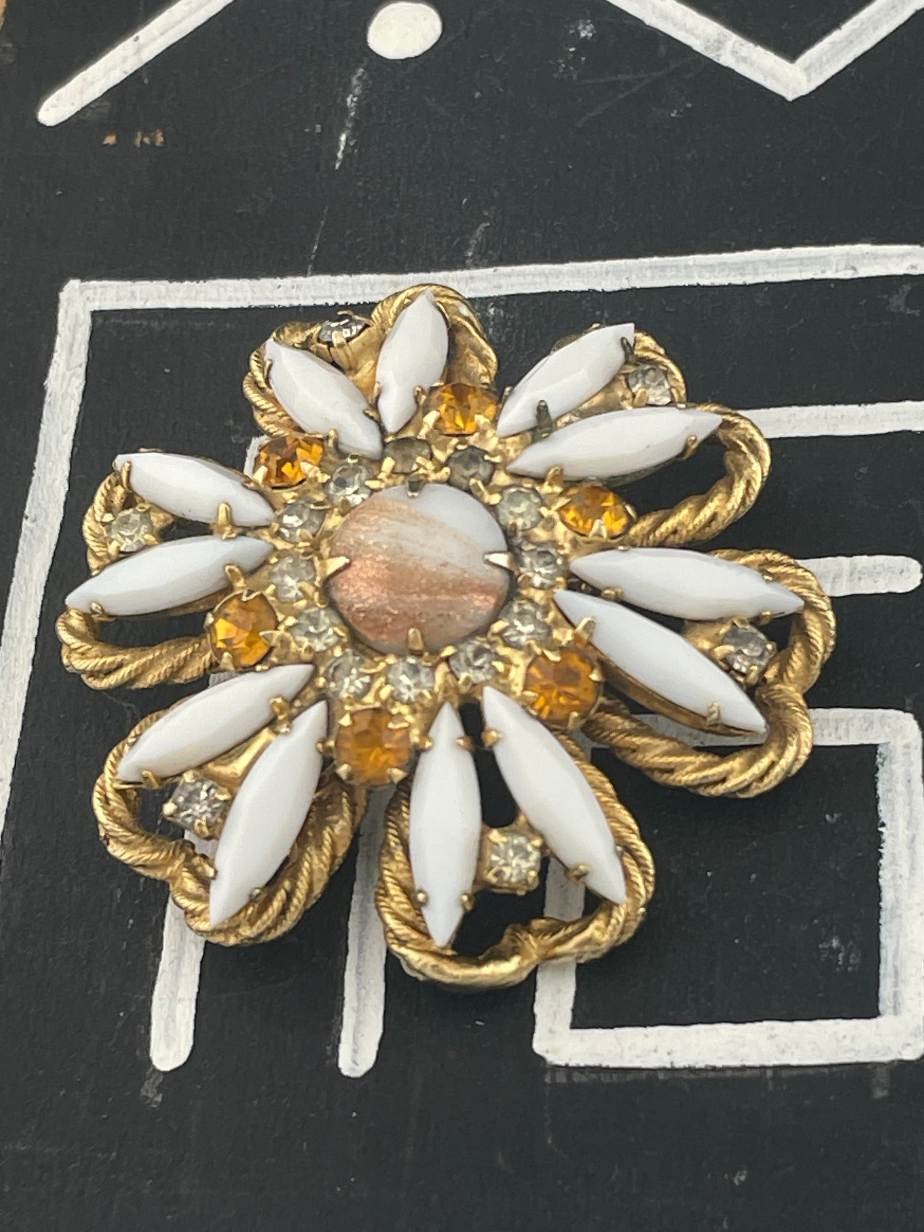 Verified Juliana D&E Brooch Gold Fluss Aventurine Milk Glass Topaz Rhinestone - Thumbnail 2