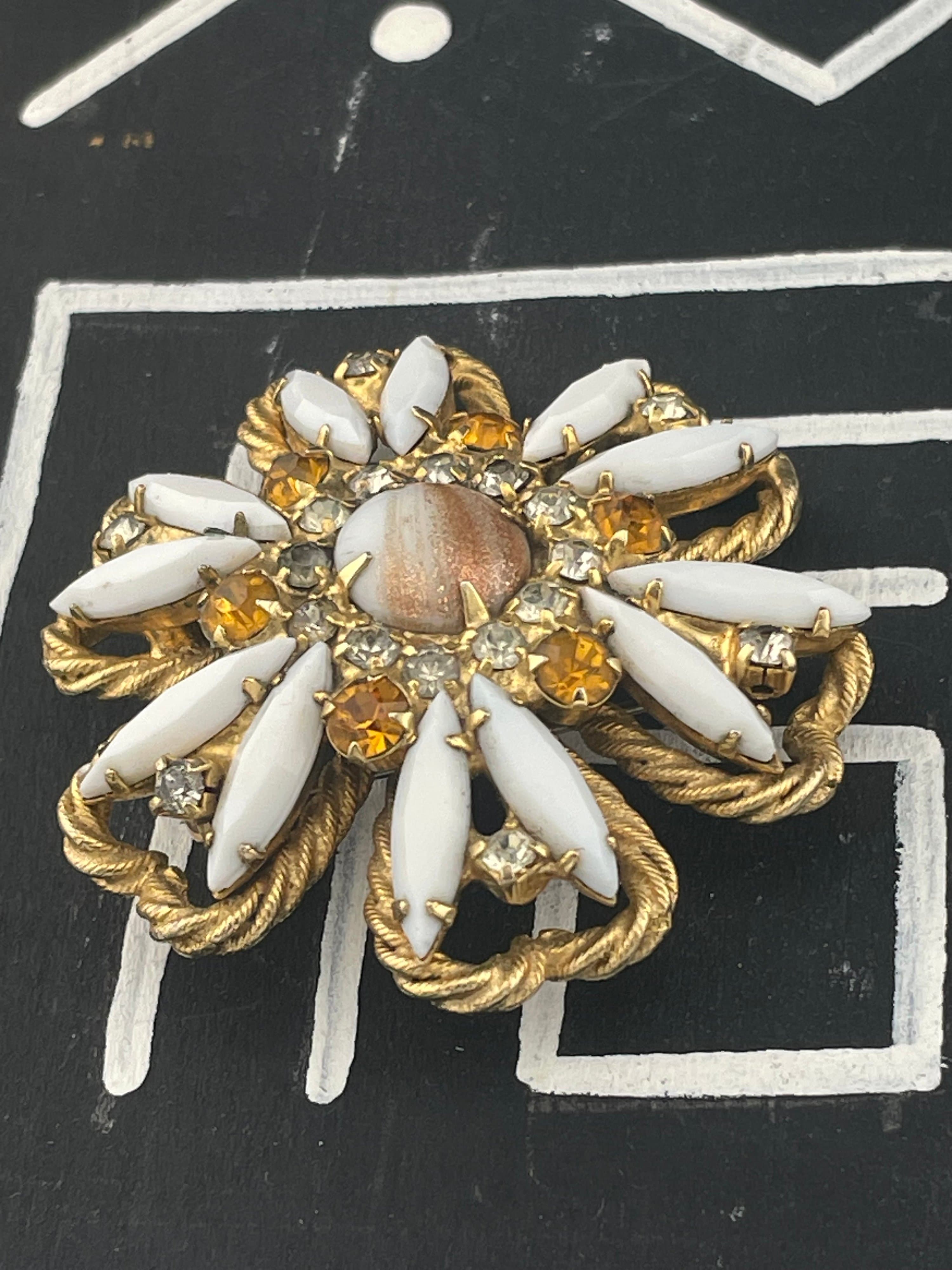 Verified Juliana D&E Brooch Gold Fluss Aventurine Milk Glass Topaz Rhinestone - Thumbnail 4