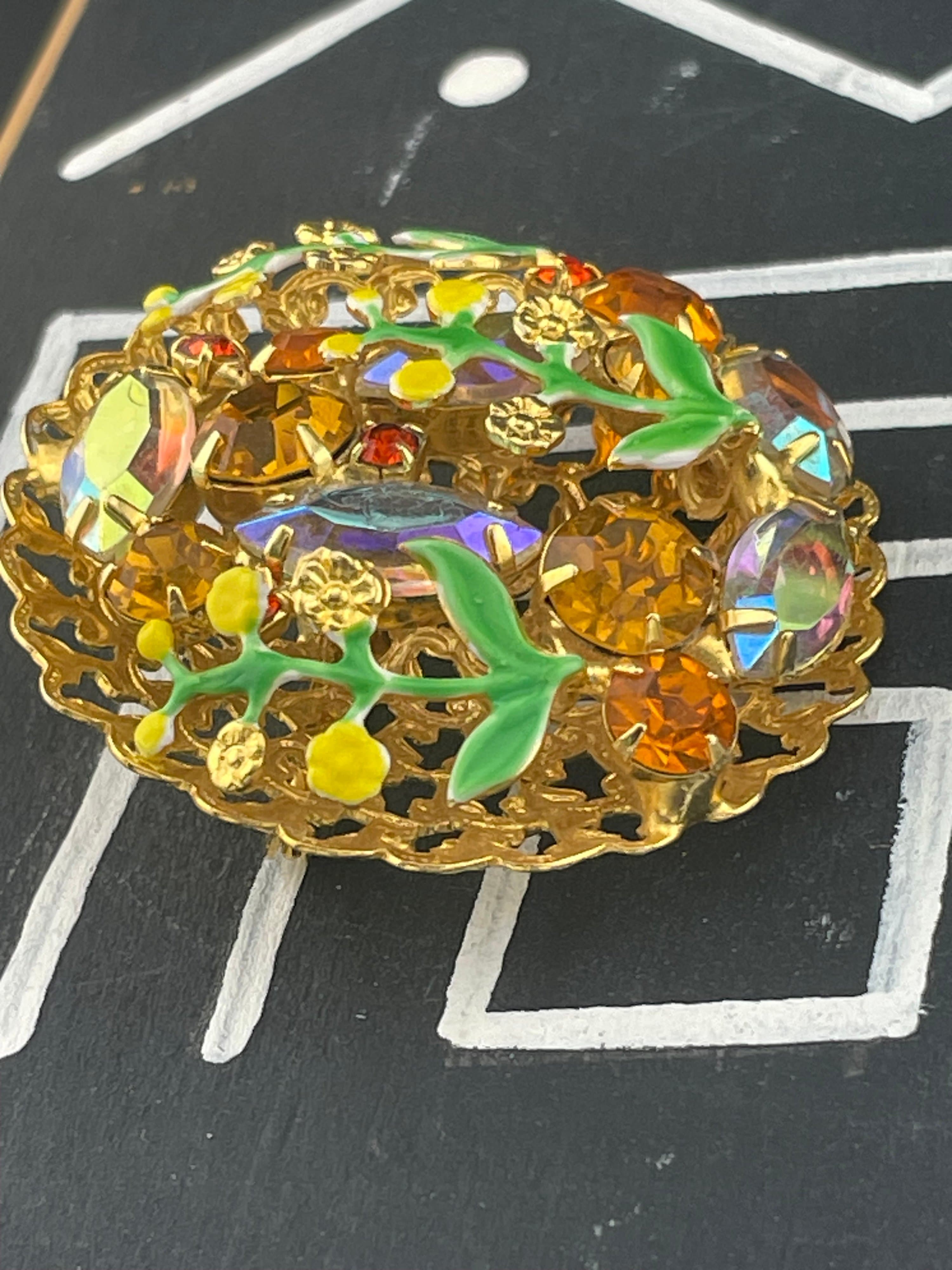 VTG Mid Century Amber Rhinestone AB & Enamel Floral Brooch Dimensional Garden - Thumbnail 6