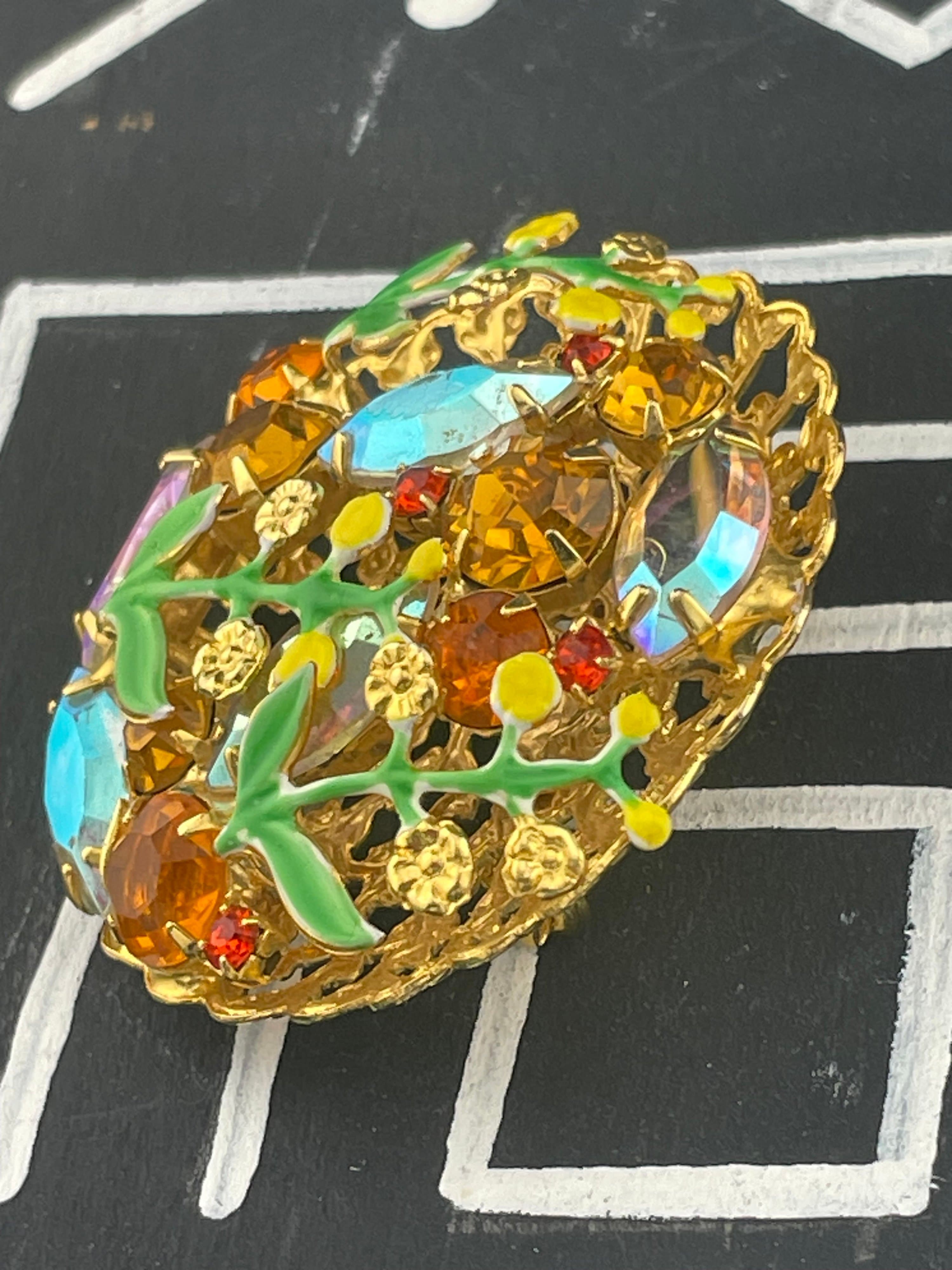 VTG Mid Century Amber Rhinestone AB & Enamel Floral Brooch Dimensional Garden - Thumbnail 8