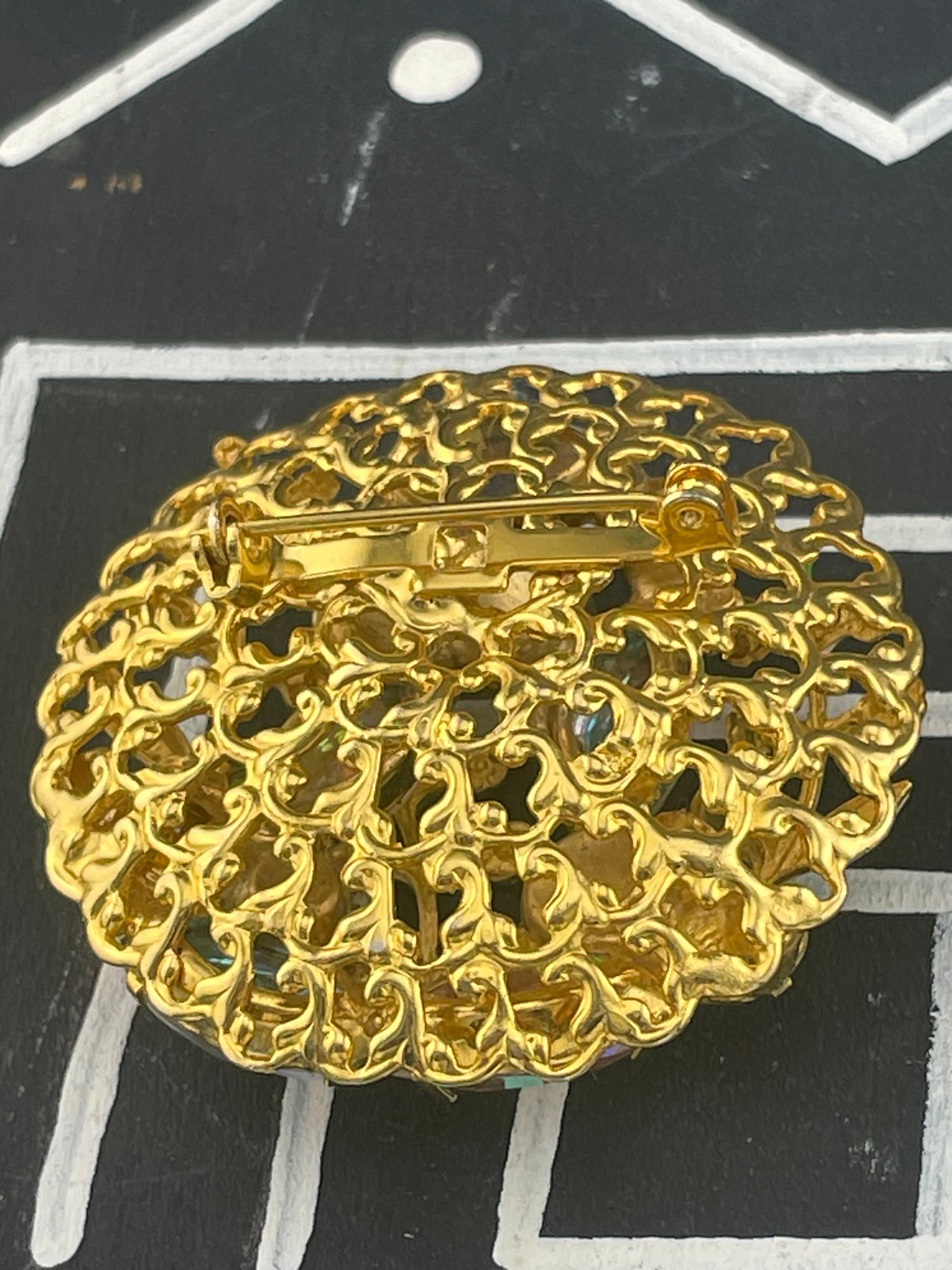 VTG Mid Century Amber Rhinestone AB & Enamel Floral Brooch Dimensional Garden - Thumbnail 9