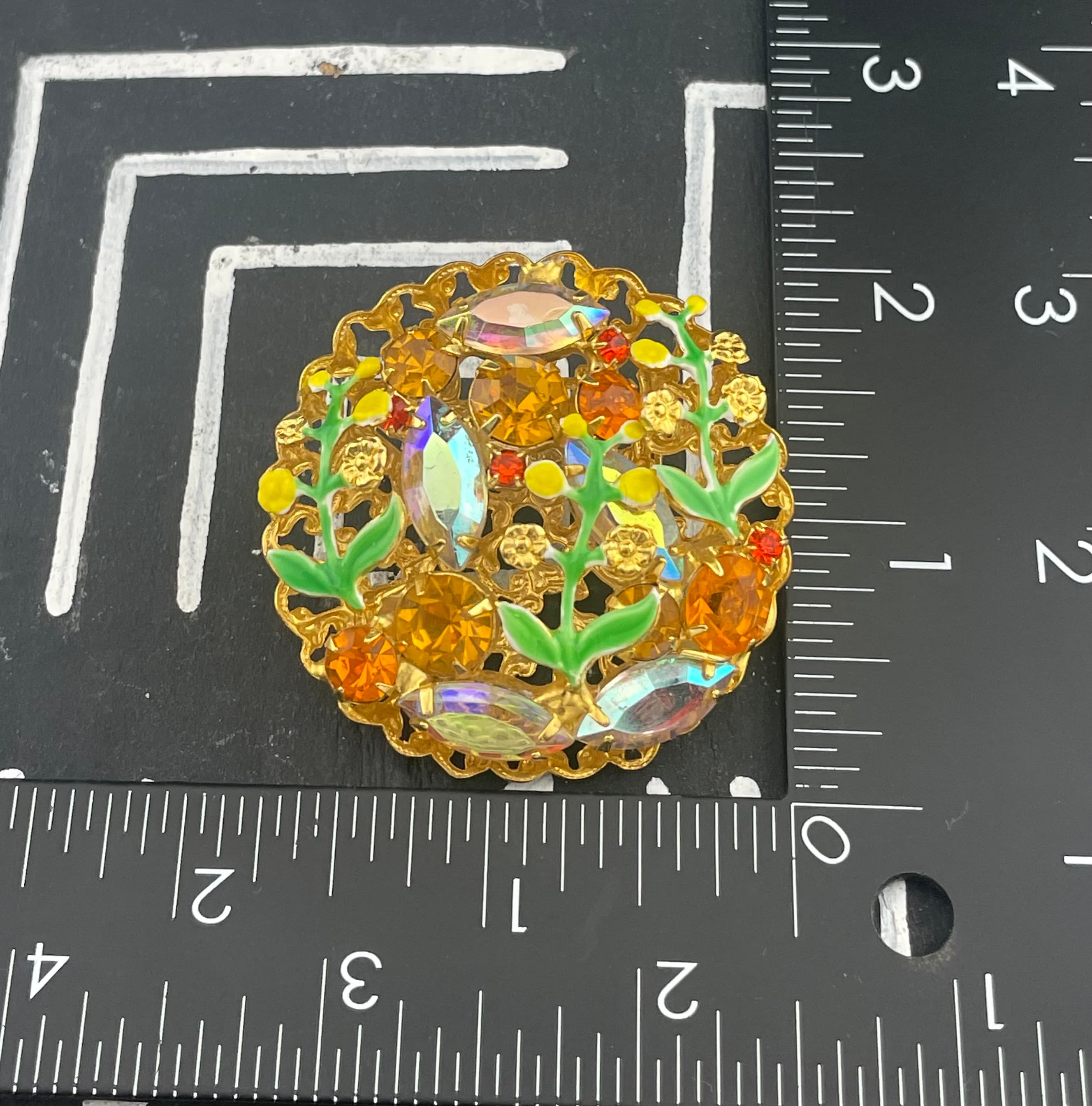VTG Mid Century Amber Rhinestone AB & Enamel Floral Brooch Dimensional Garden - Thumbnail 11