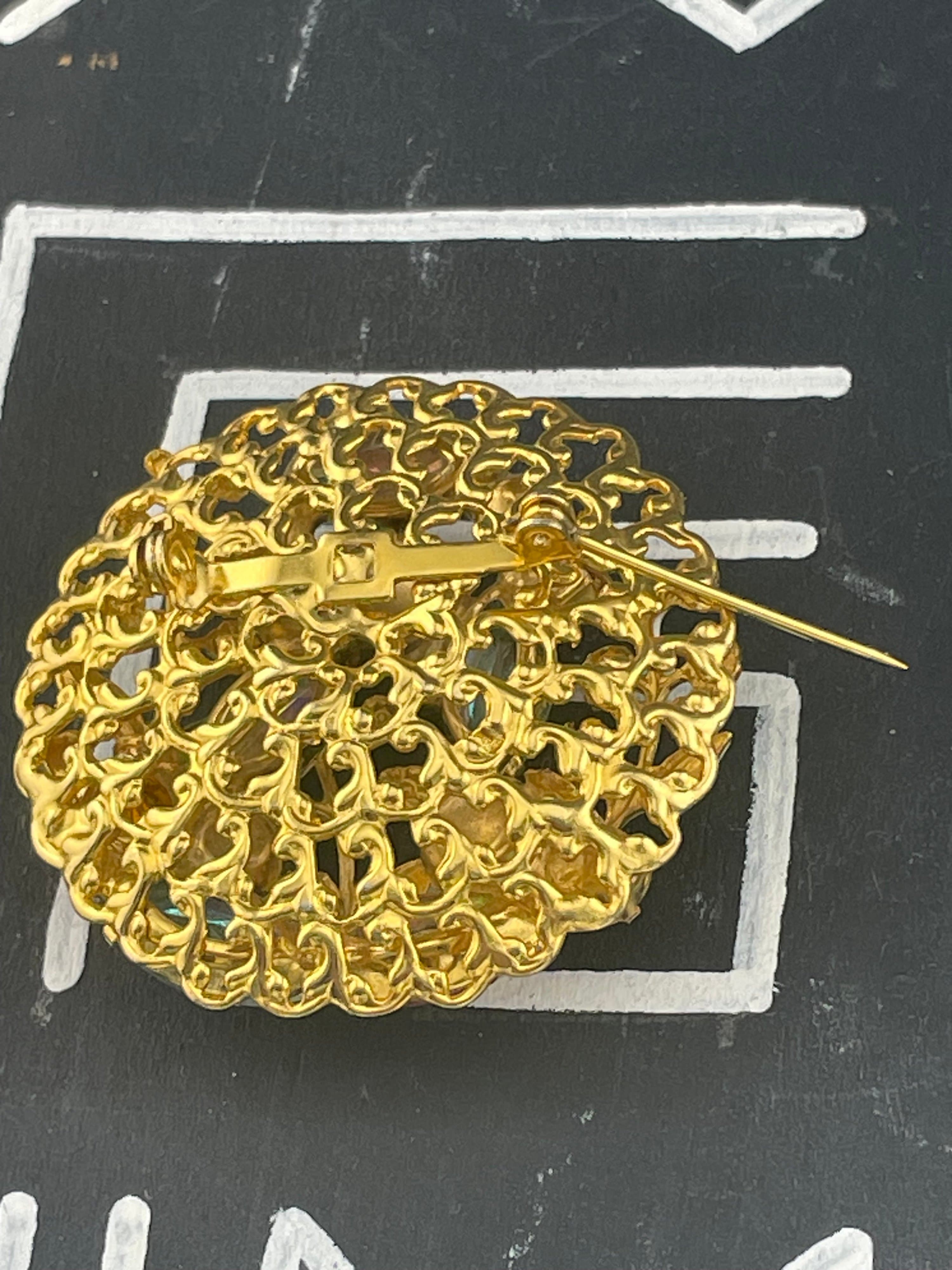 VTG Mid Century Amber Rhinestone AB & Enamel Floral Brooch Dimensional Garden - Thumbnail 10