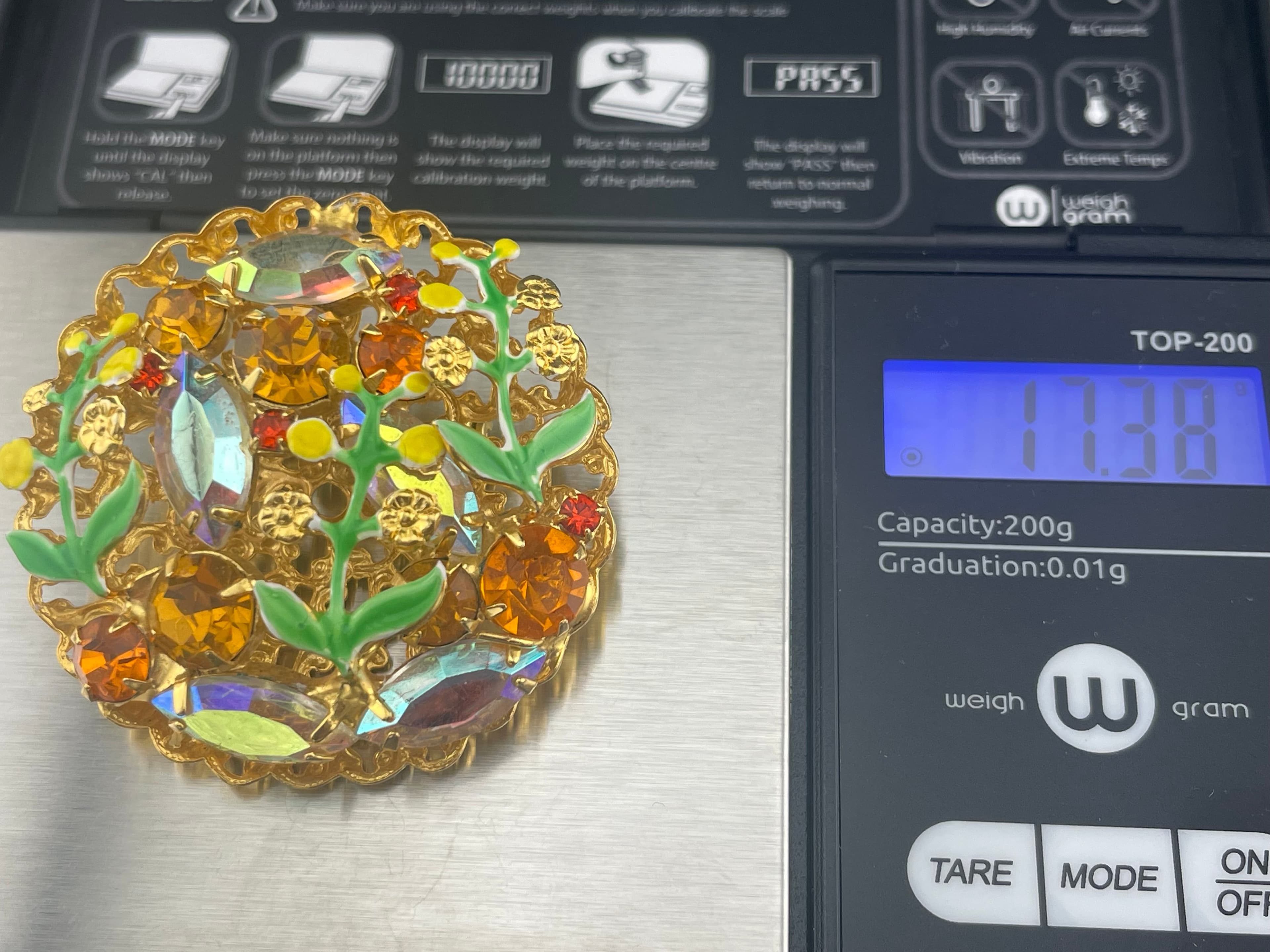 VTG Mid Century Amber Rhinestone AB & Enamel Floral Brooch Dimensional Garden - Thumbnail 13