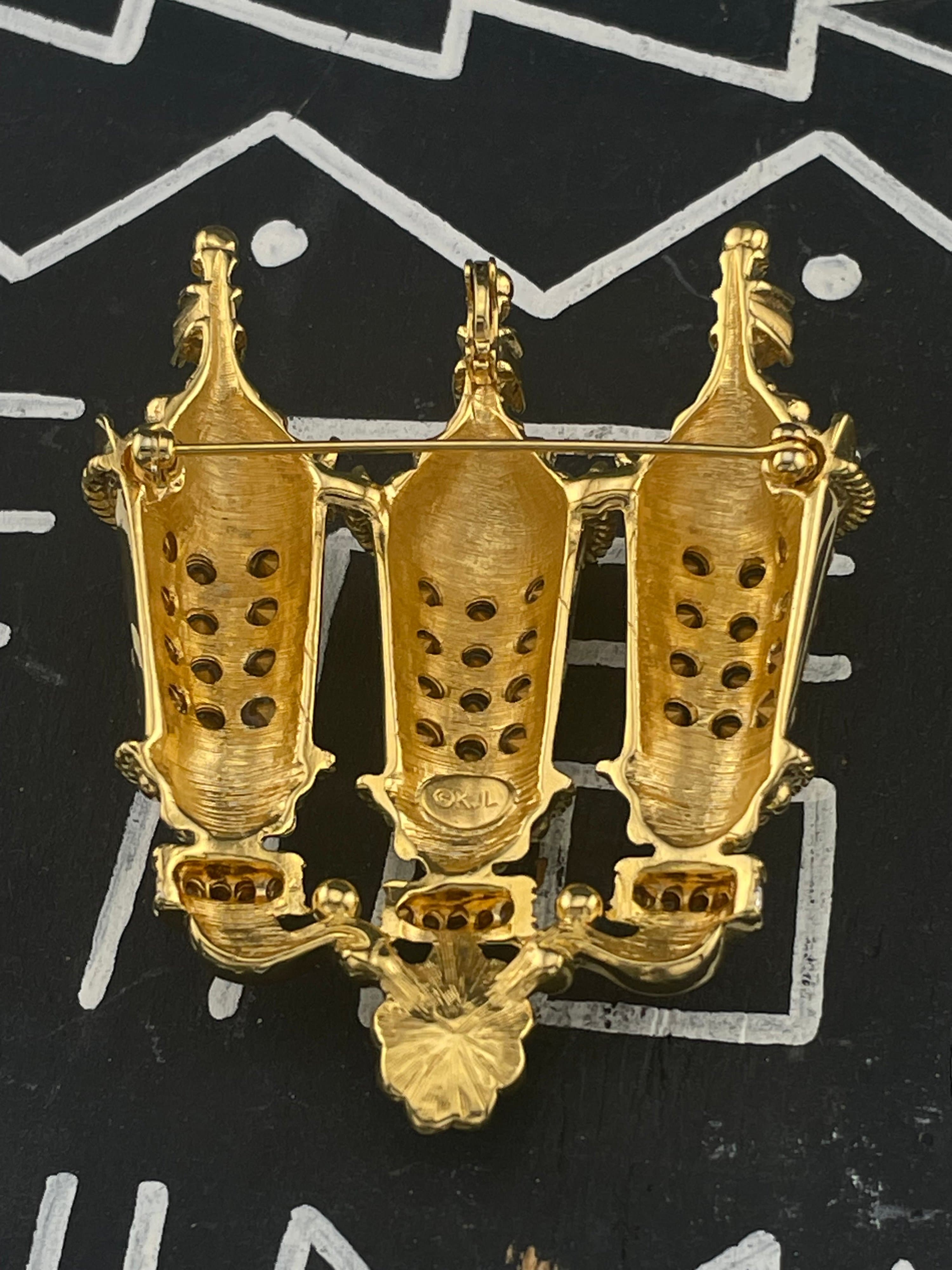 Kenneth Jay Lane KJL Paris Street Lamps Brooch Rhinestone Gold Tone Statement - Thumbnail 6