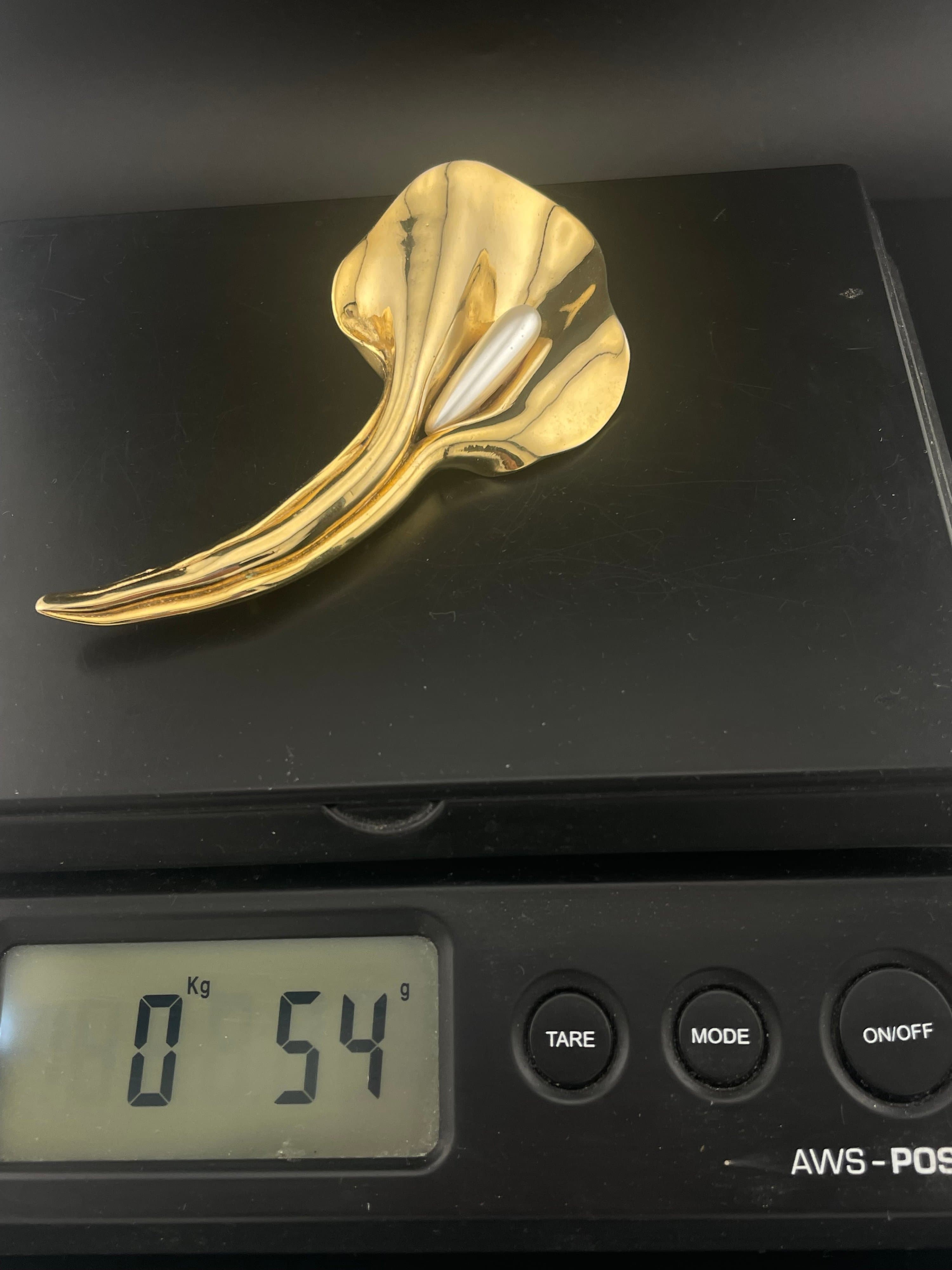 Vintage Large Sculptural Calla Lily Brooch Gold Tone Pearl Modernist Statement - Thumbnail 12