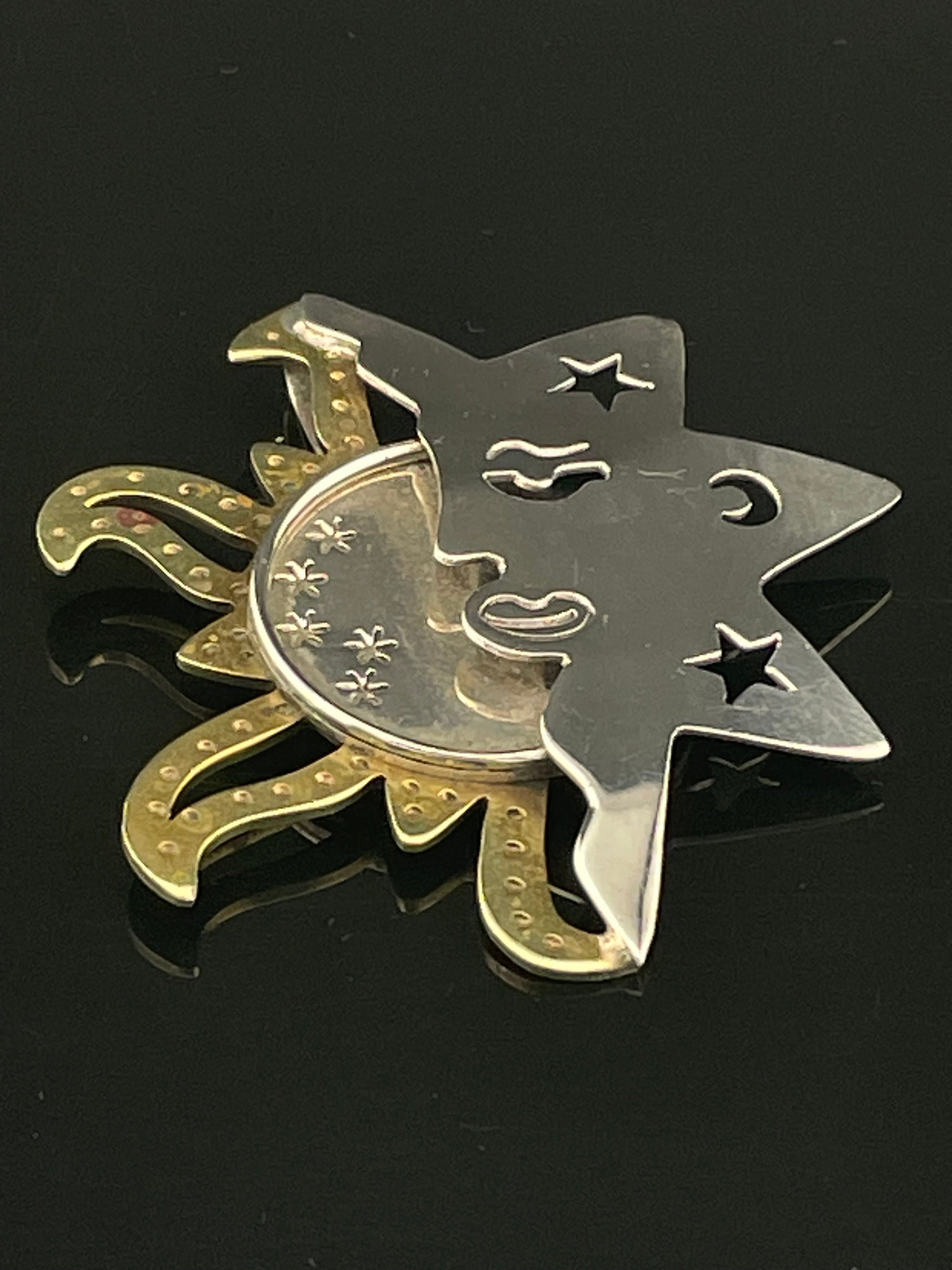 Vintage Mexico 925 Sterling Silver & Brass Celestial Sun Moon Brooch Pin Artisan - Thumbnail 5