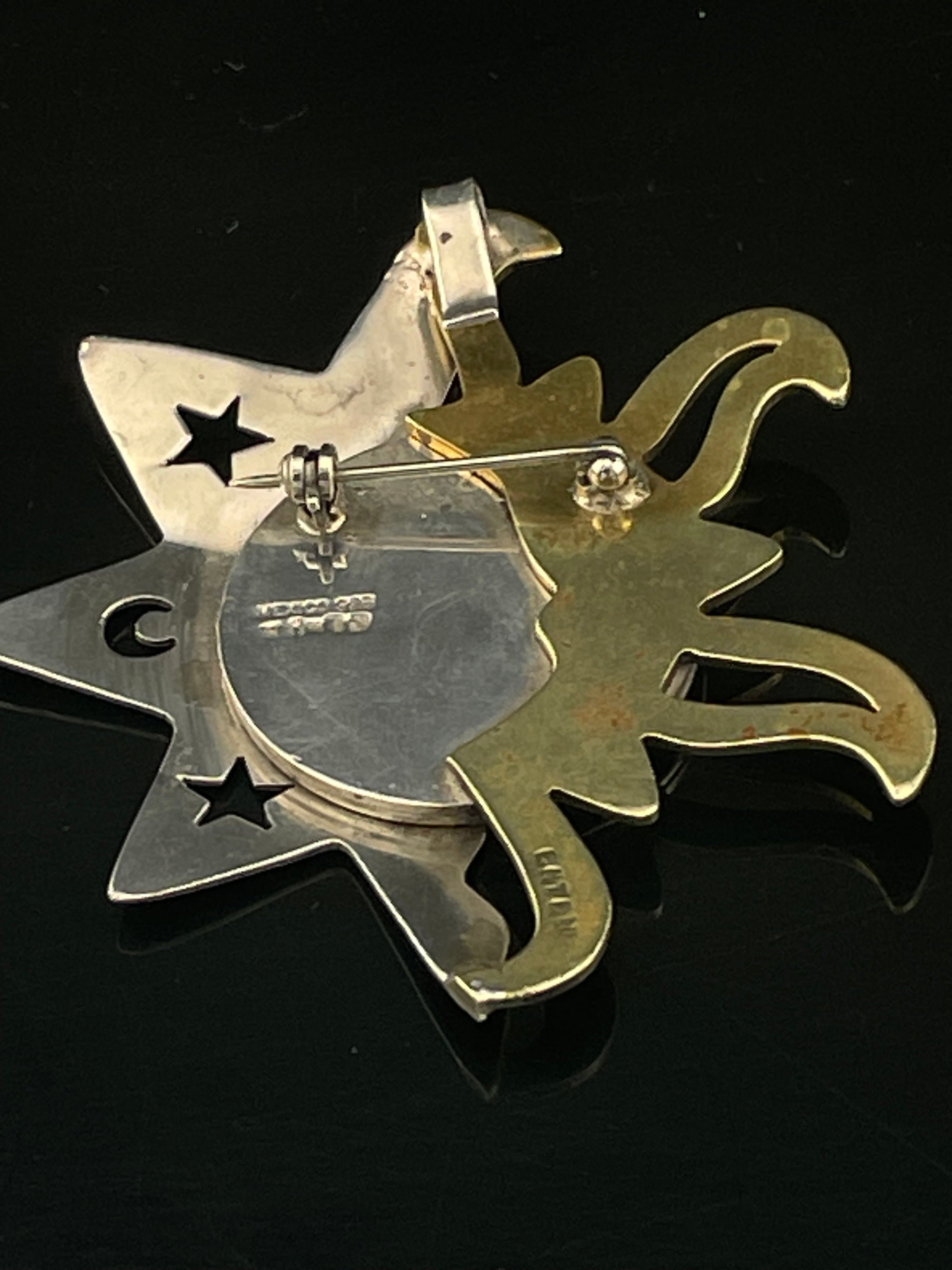 Vintage Mexico 925 Sterling Silver & Brass Celestial Sun Moon Brooch Pin Artisan - Thumbnail 7