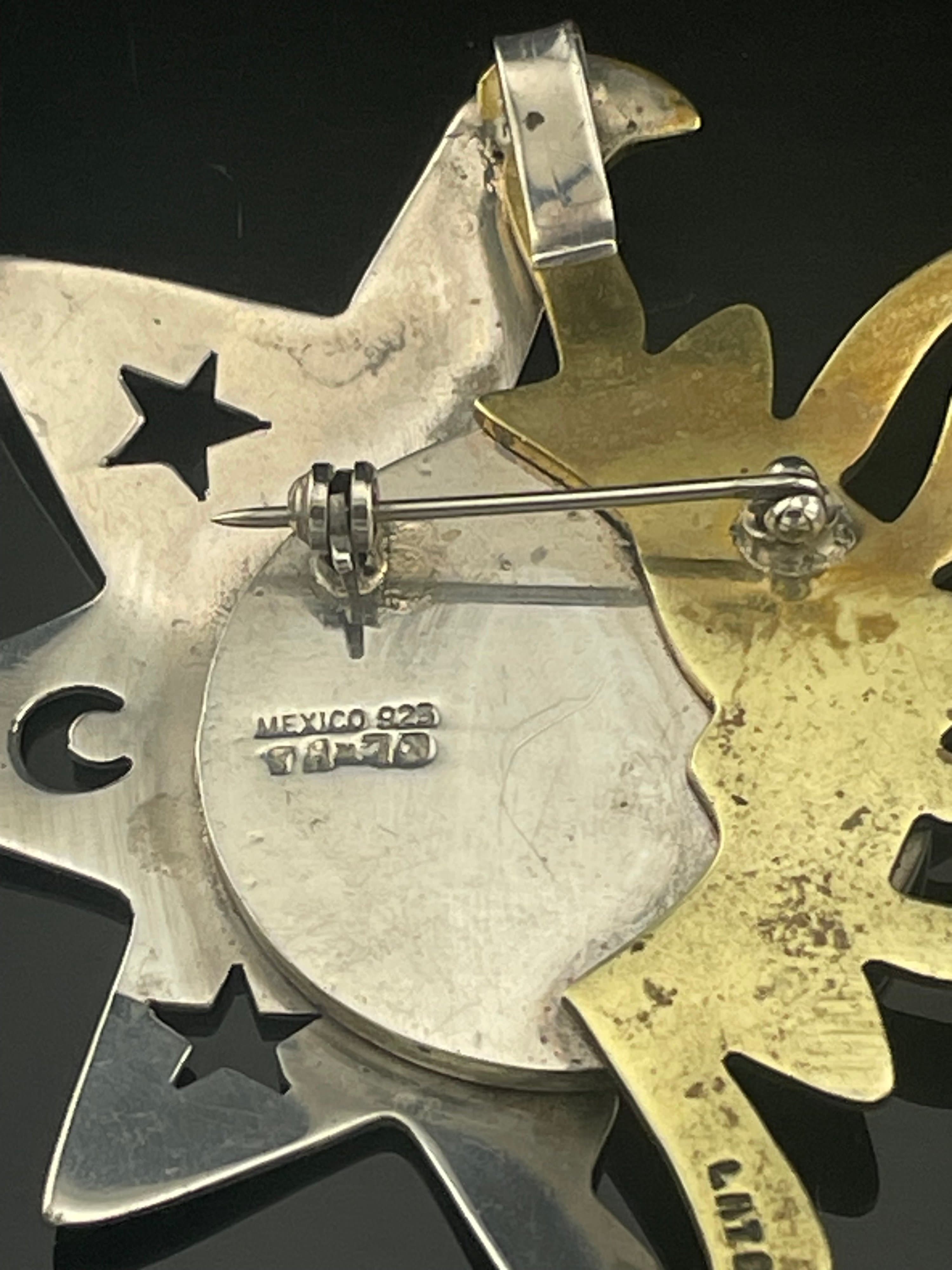 Vintage Mexico 925 Sterling Silver & Brass Celestial Sun Moon Brooch Pin Artisan - Thumbnail 8