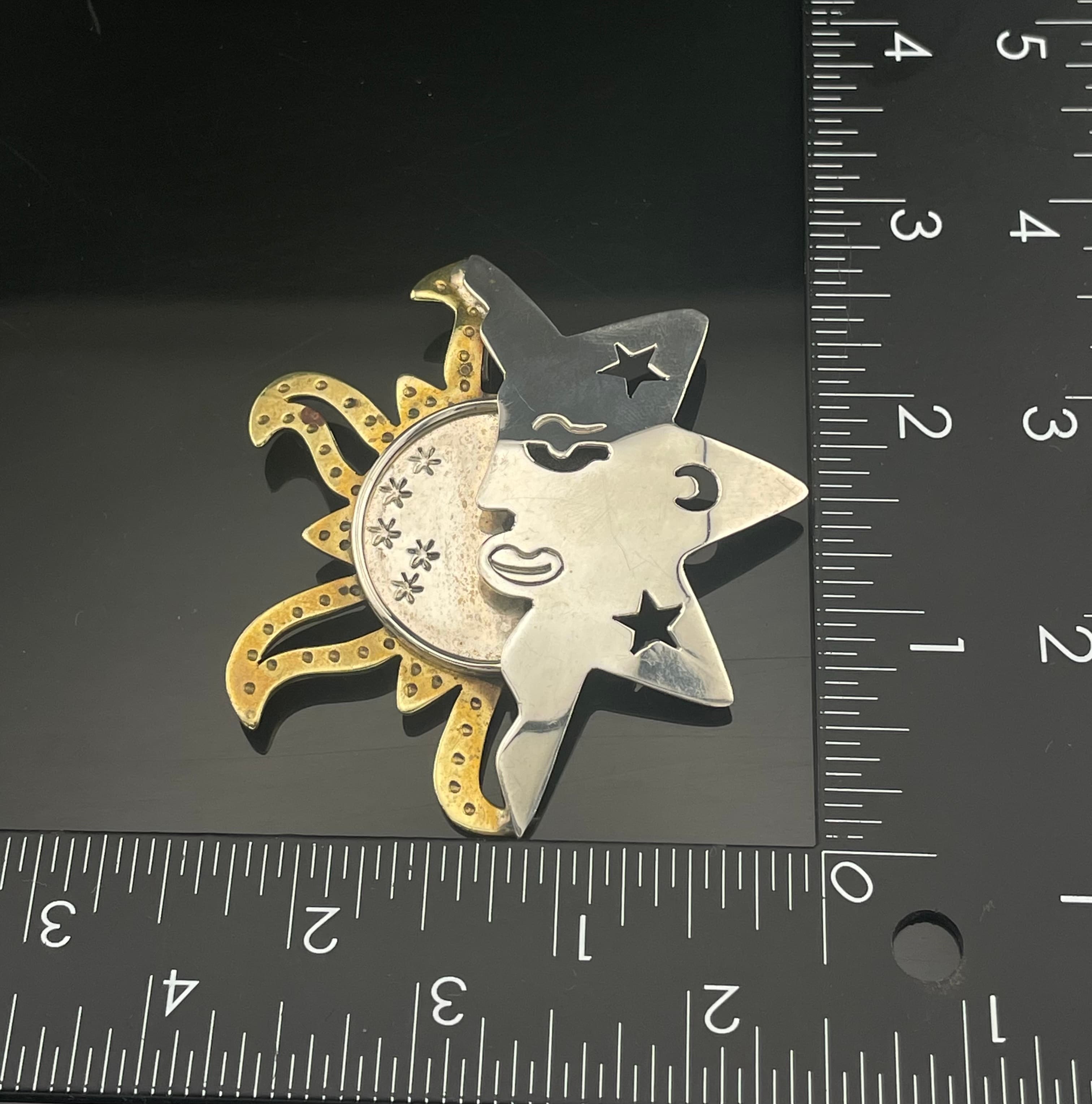 Vintage Mexico 925 Sterling Silver & Brass Celestial Sun Moon Brooch Pin Artisan - Thumbnail 12