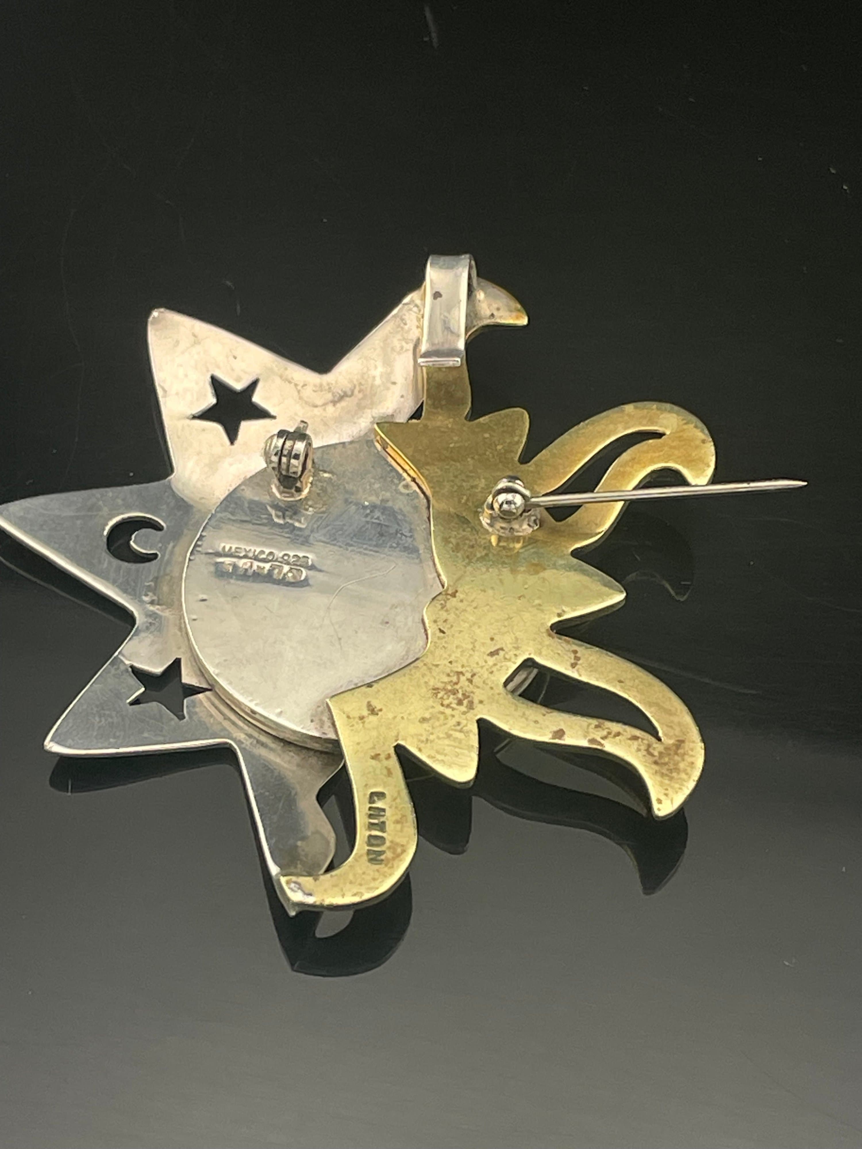 Vintage Mexico 925 Sterling Silver & Brass Celestial Sun Moon Brooch Pin Artisan - Thumbnail 10