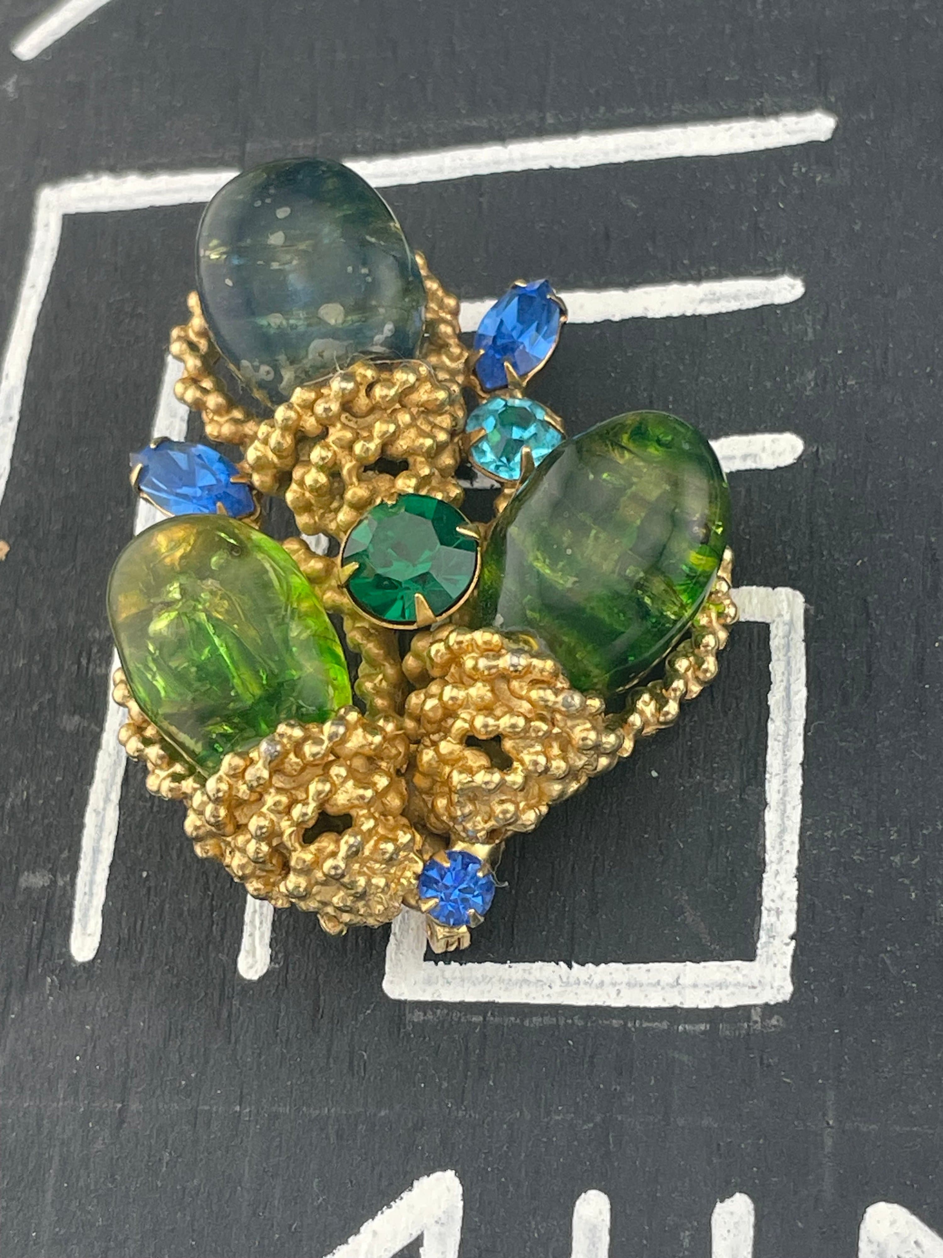 Vintage Signed Les Bernard Inc. Sculptural Art Glass Brooch Green Blue Statement - Thumbnail 2