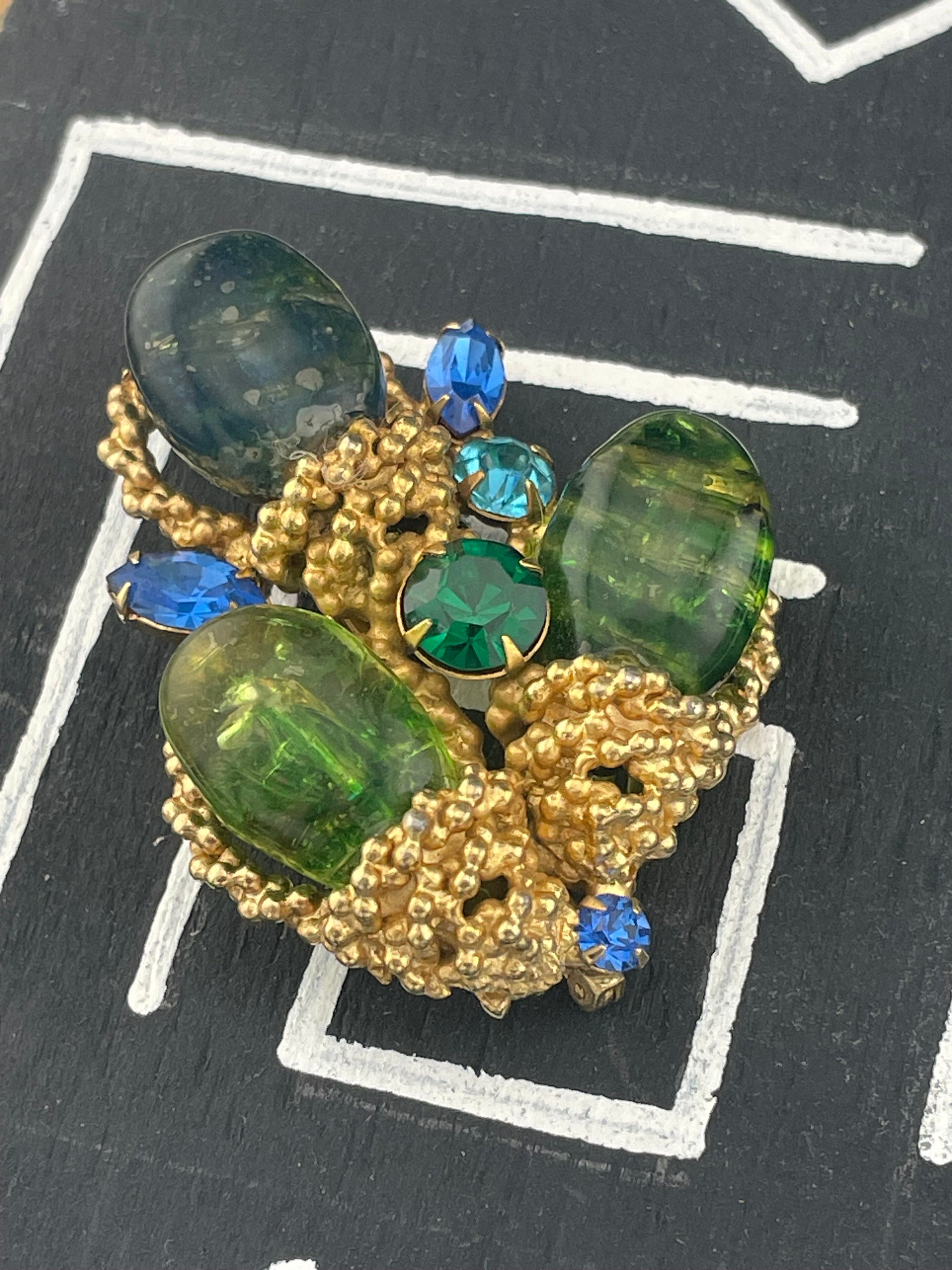 Vintage Signed Les Bernard Inc. Sculptural Art Glass Brooch Green Blue Statement - Thumbnail 3