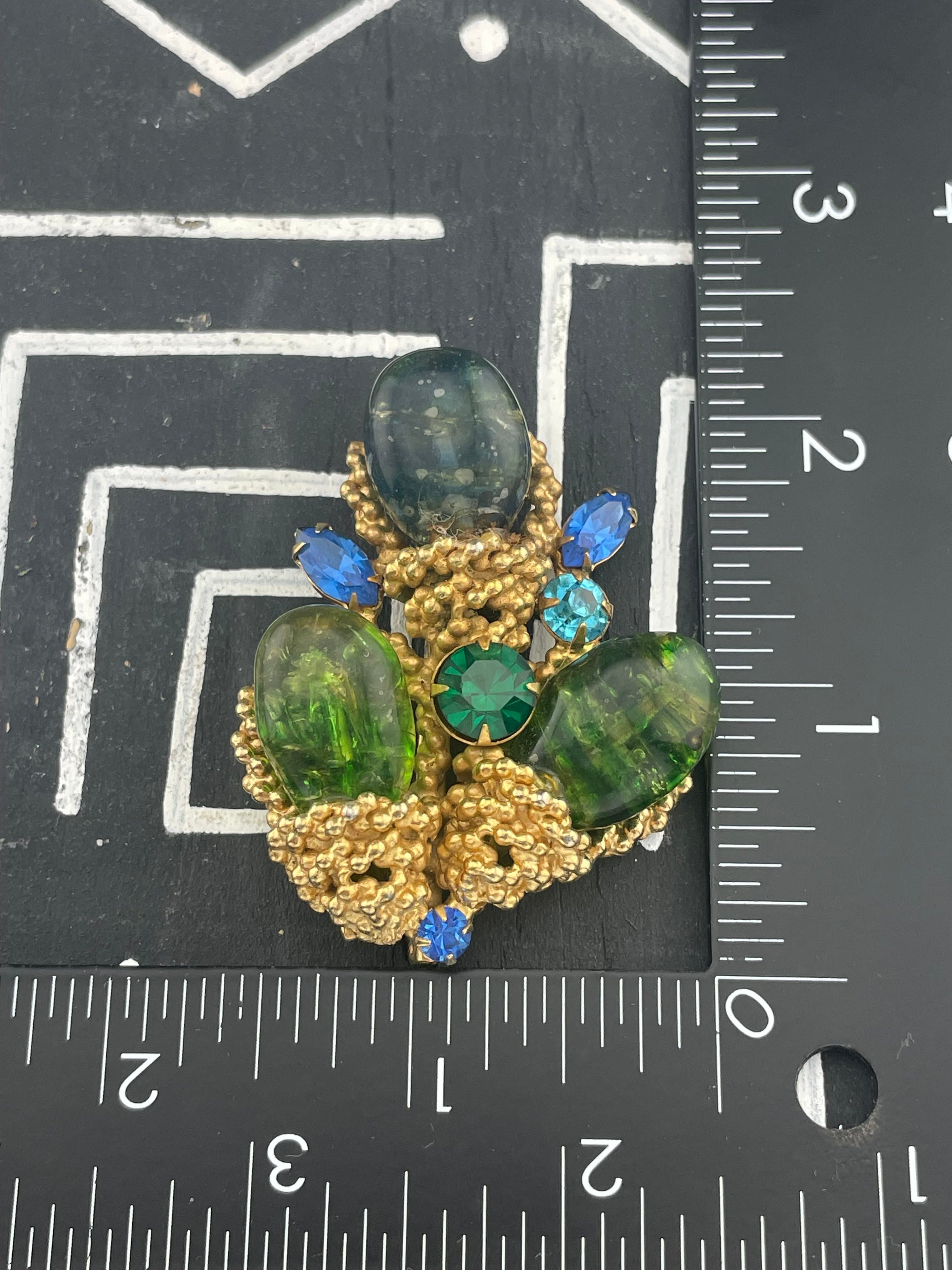 Vintage Signed Les Bernard Inc. Sculptural Art Glass Brooch Green Blue Statement - Thumbnail 10