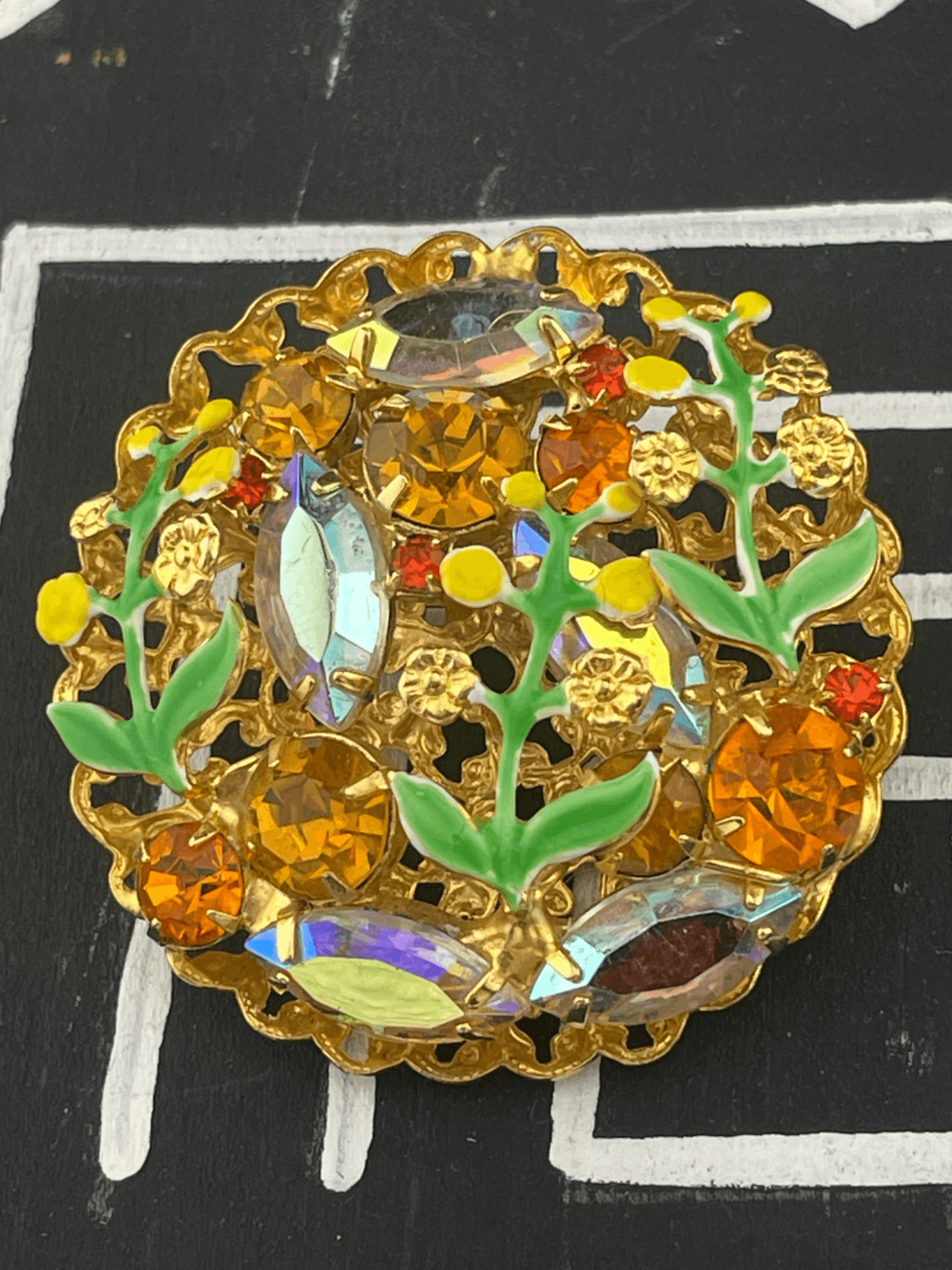 VTG Mid Century Amber Rhinestone AB & Enamel Floral Brooch Dimensional Garden