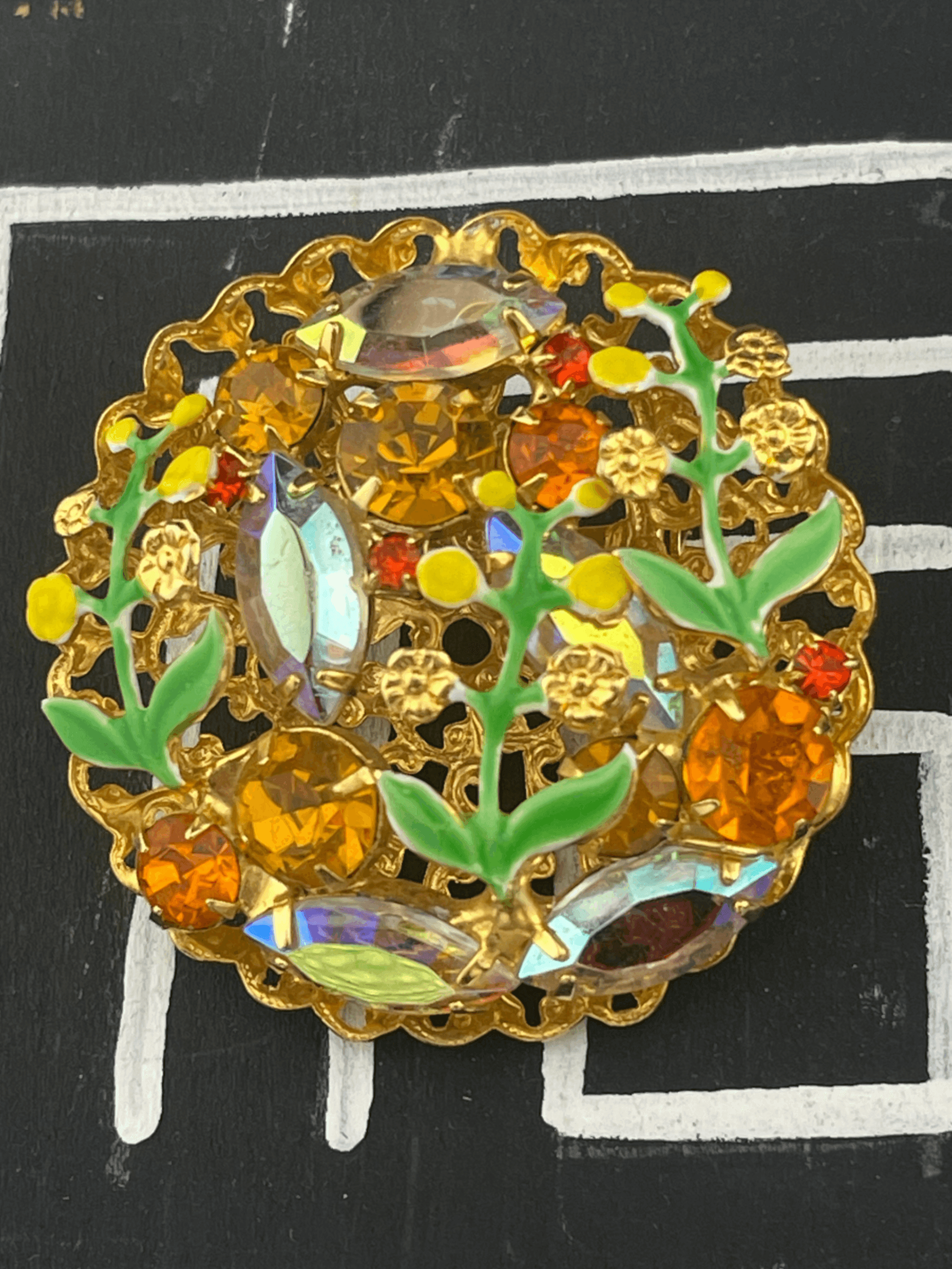 VTG Mid Century Amber Rhinestone AB & Enamel Floral Brooch Dimensional Garden - Thumbnail 2