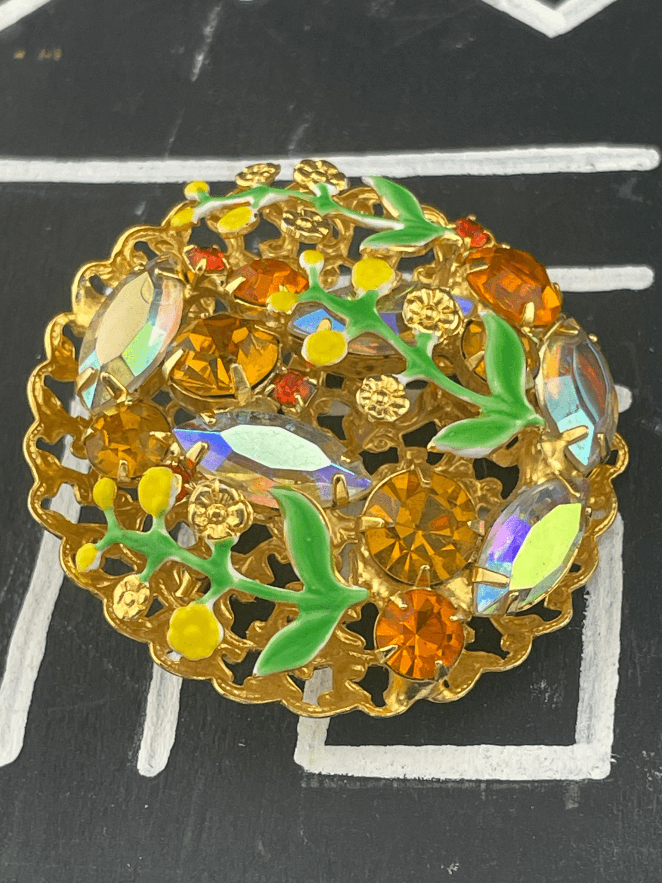 VTG Mid Century Amber Rhinestone AB & Enamel Floral Brooch Dimensional Garden - Thumbnail 3