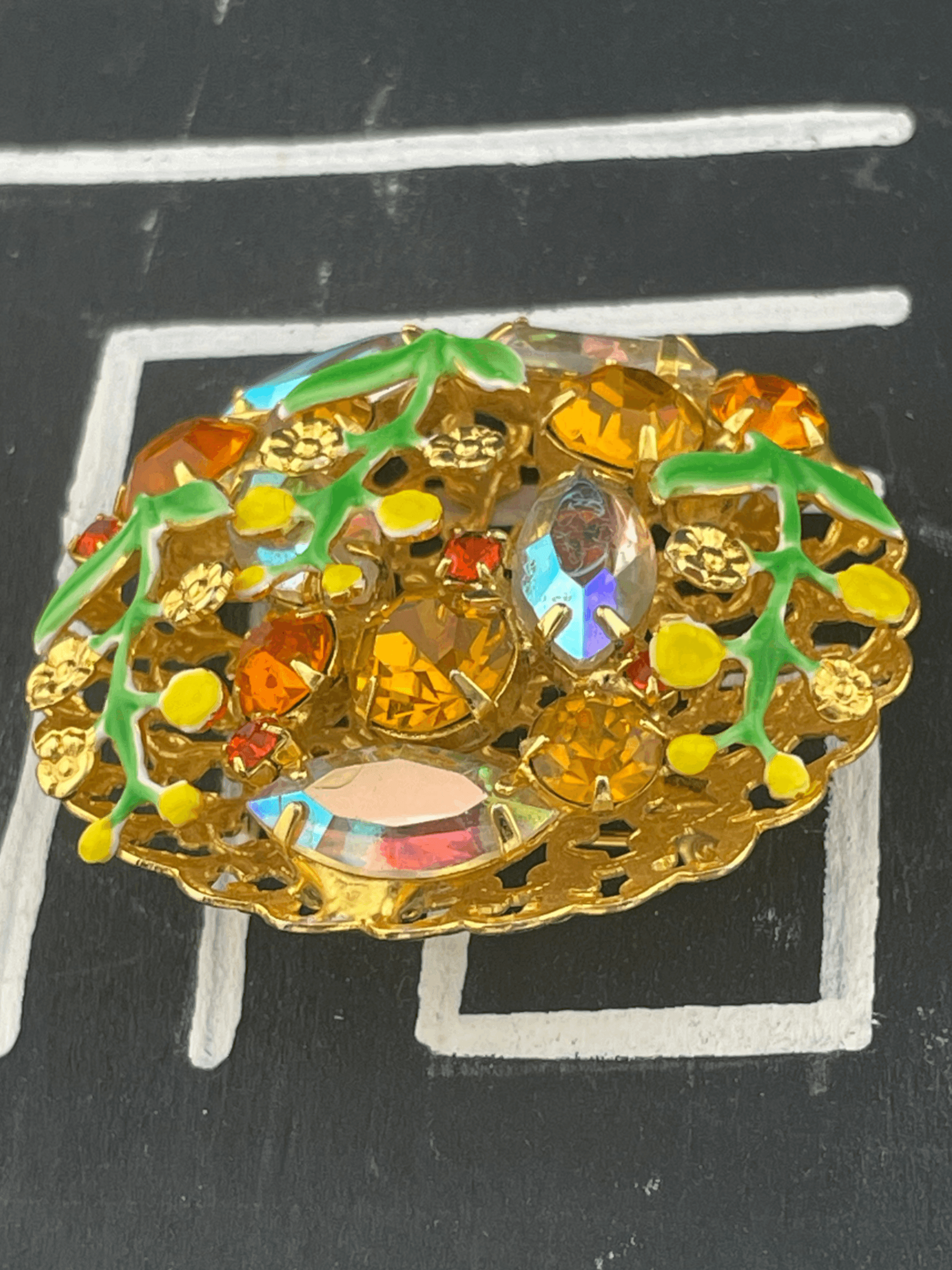 VTG Mid Century Amber Rhinestone AB & Enamel Floral Brooch Dimensional Garden - Thumbnail 4