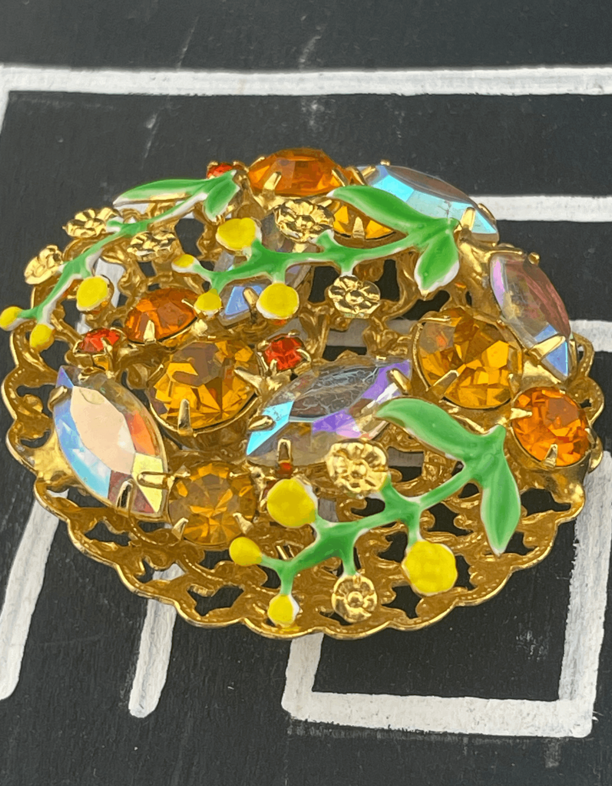 VTG Mid Century Amber Rhinestone AB & Enamel Floral Brooch Dimensional Garden - Thumbnail 5