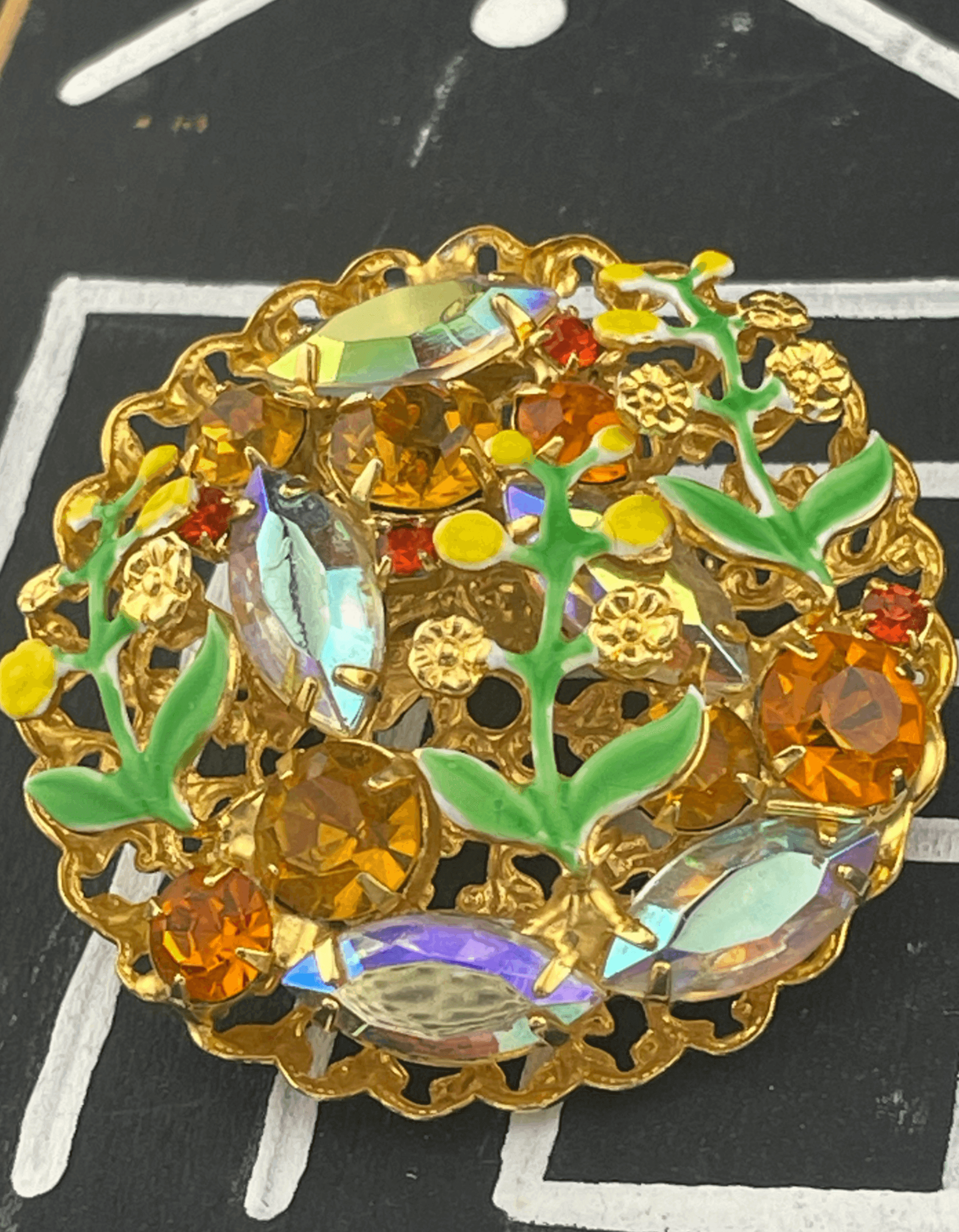 VTG Mid Century Amber Rhinestone AB & Enamel Floral Brooch Dimensional Garden - Thumbnail 7
