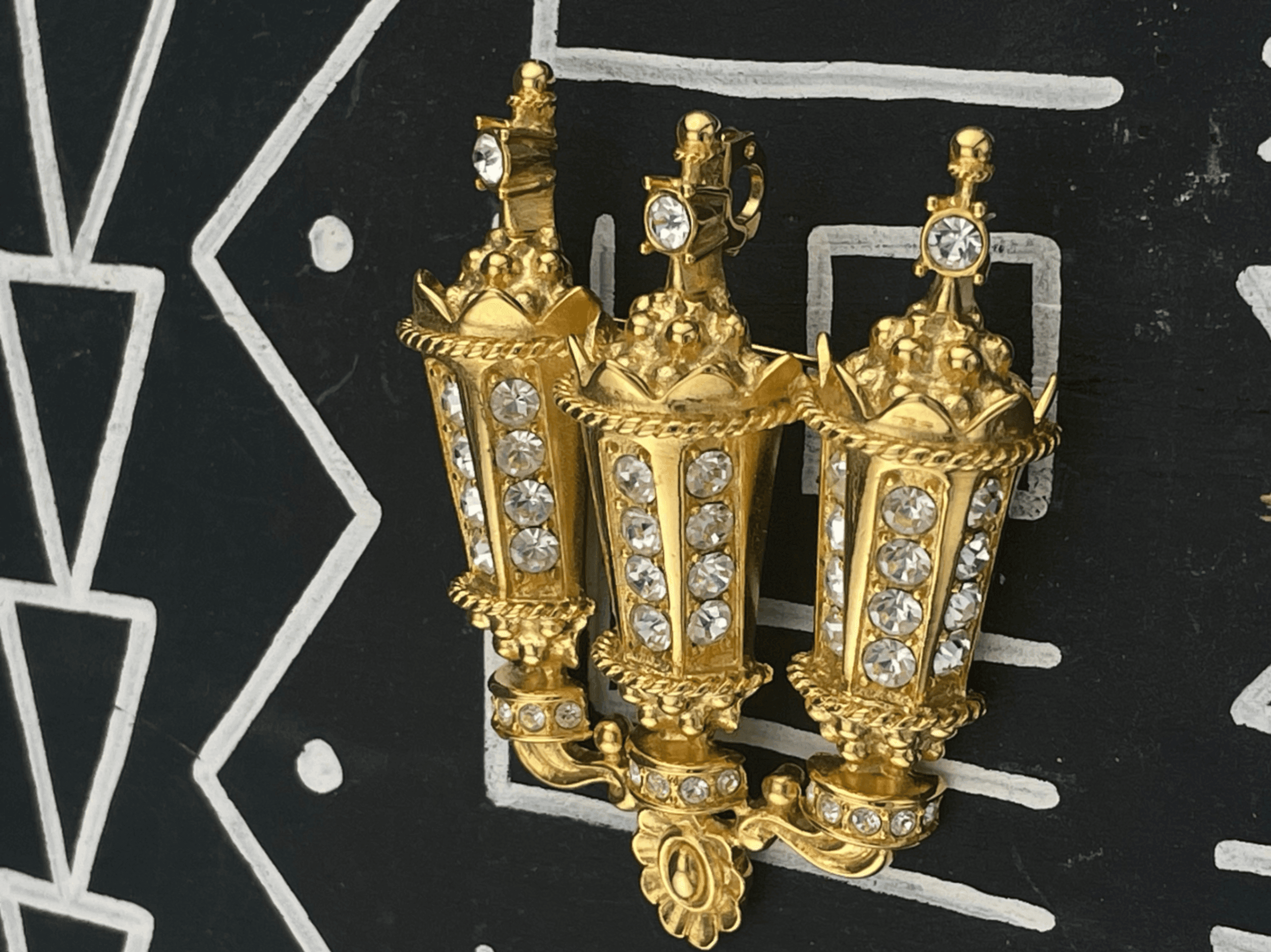Kenneth Jay Lane KJL Paris Street Lamps Brooch Rhinestone Gold Tone Statement - Thumbnail 2