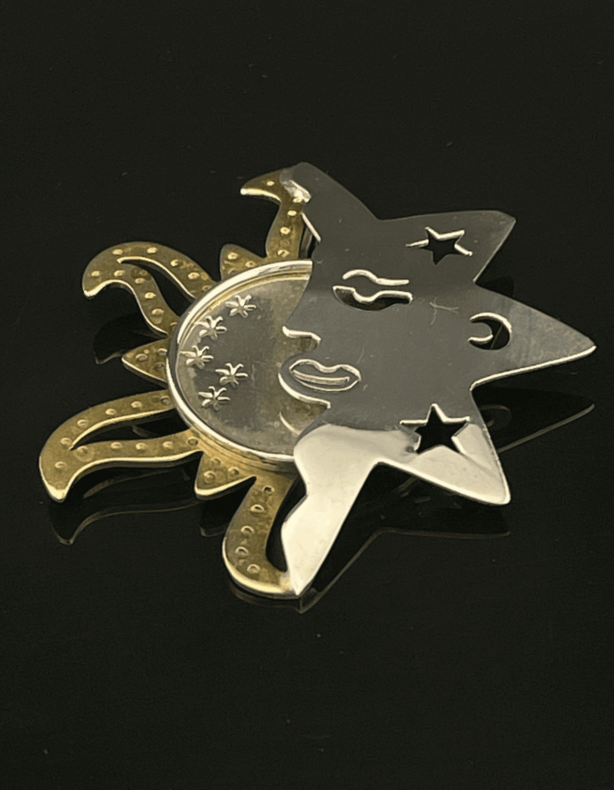 Vintage Mexico 925 Sterling Silver & Brass Celestial Sun Moon Brooch Pin Artisan
