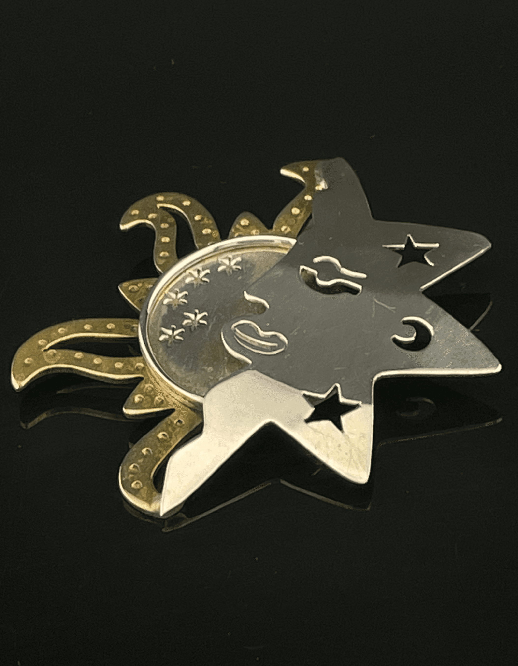 Vintage Mexico 925 Sterling Silver & Brass Celestial Sun Moon Brooch Pin Artisan - Thumbnail 2
