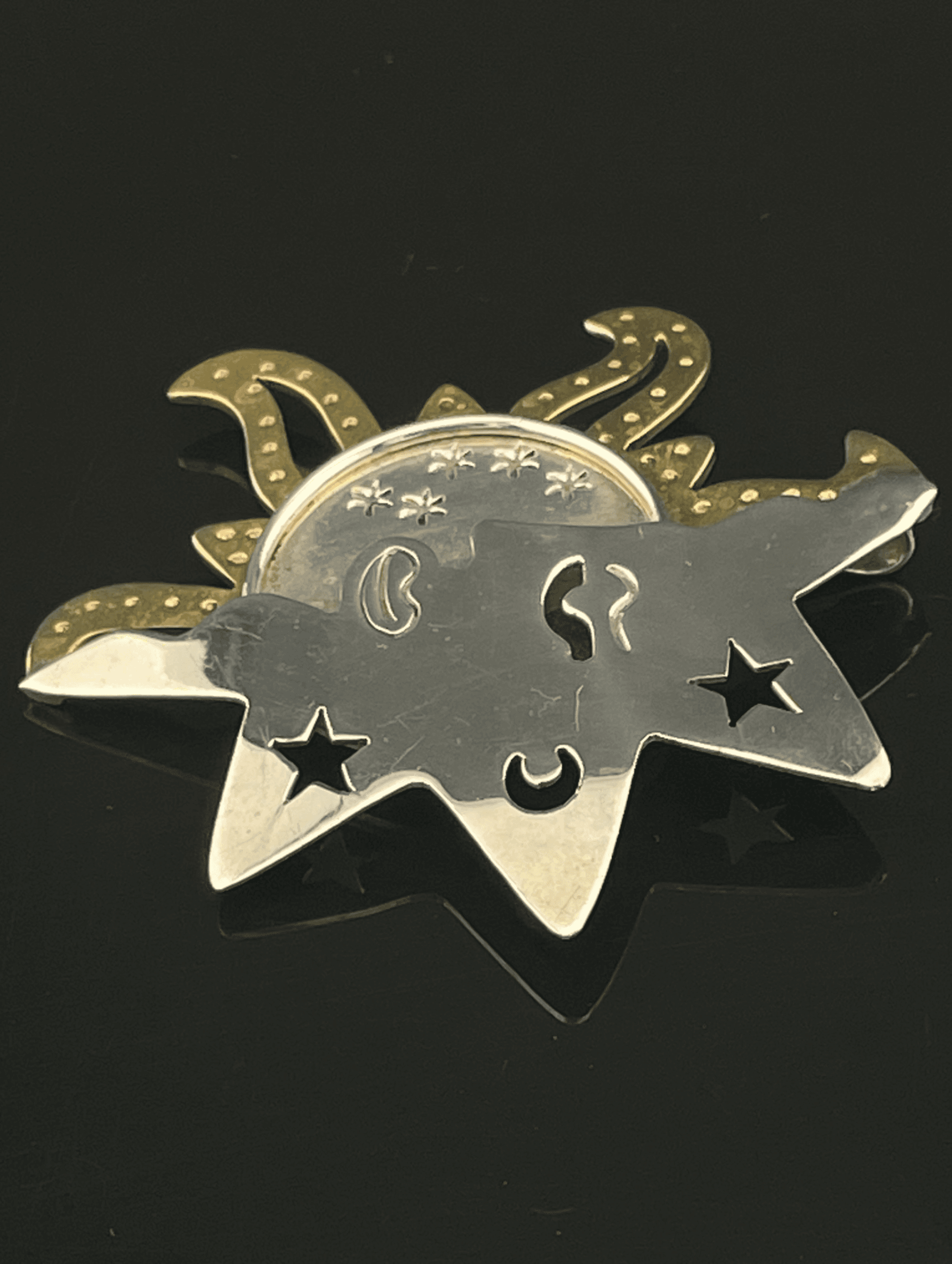 Vintage Mexico 925 Sterling Silver & Brass Celestial Sun Moon Brooch Pin Artisan - Thumbnail 3