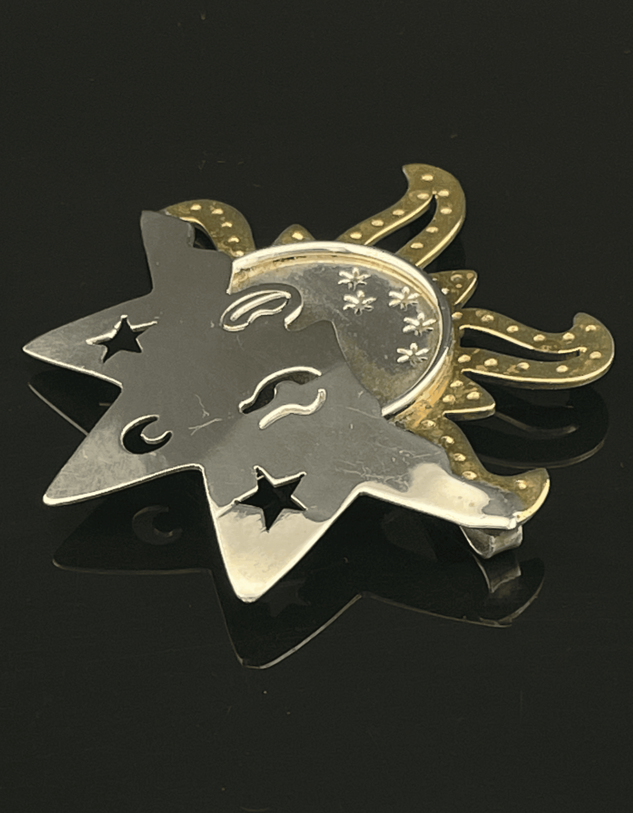Vintage Mexico 925 Sterling Silver & Brass Celestial Sun Moon Brooch Pin Artisan - Thumbnail 4