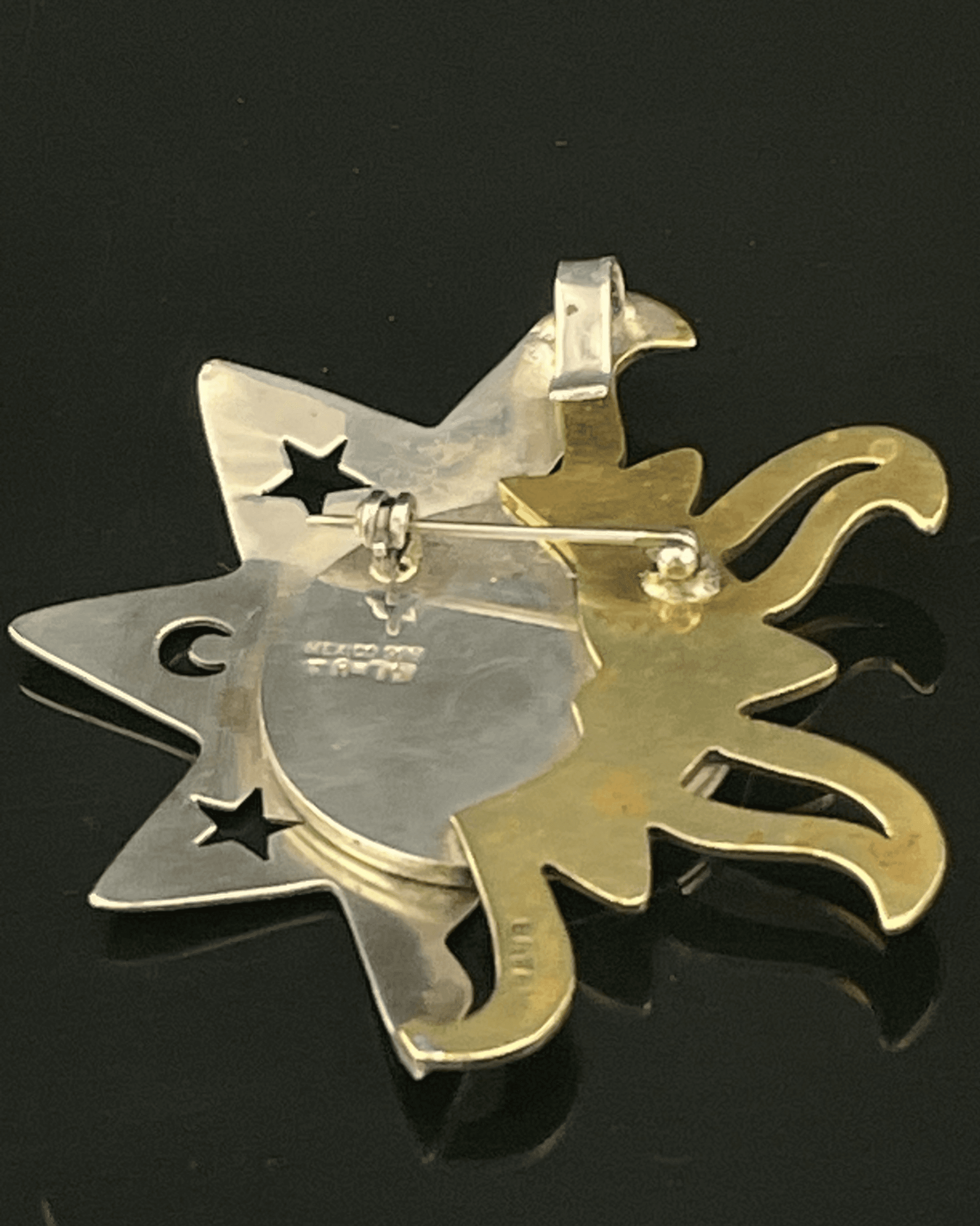 Vintage Mexico 925 Sterling Silver & Brass Celestial Sun Moon Brooch Pin Artisan - Thumbnail 6