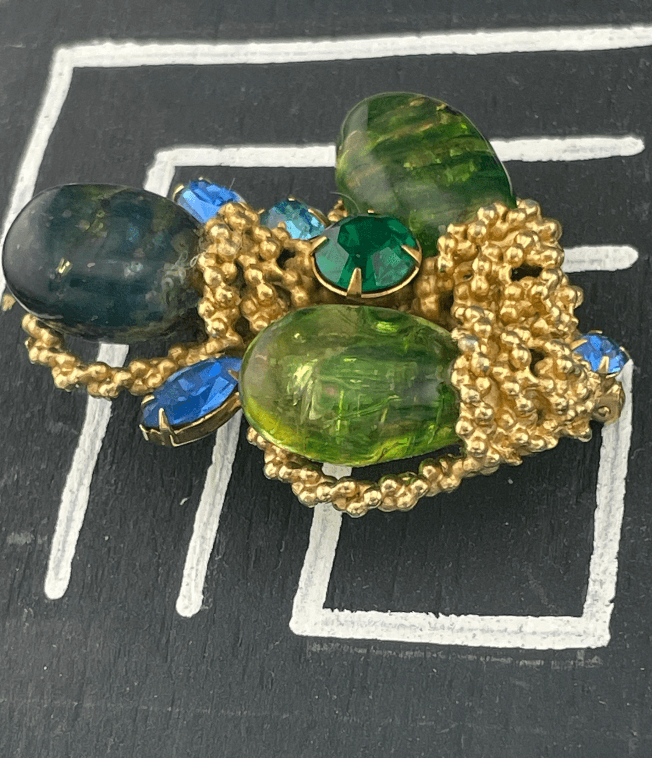 Vintage Signed Les Bernard Inc. Sculptural Art Glass Brooch Green Blue Statement - Thumbnail 4