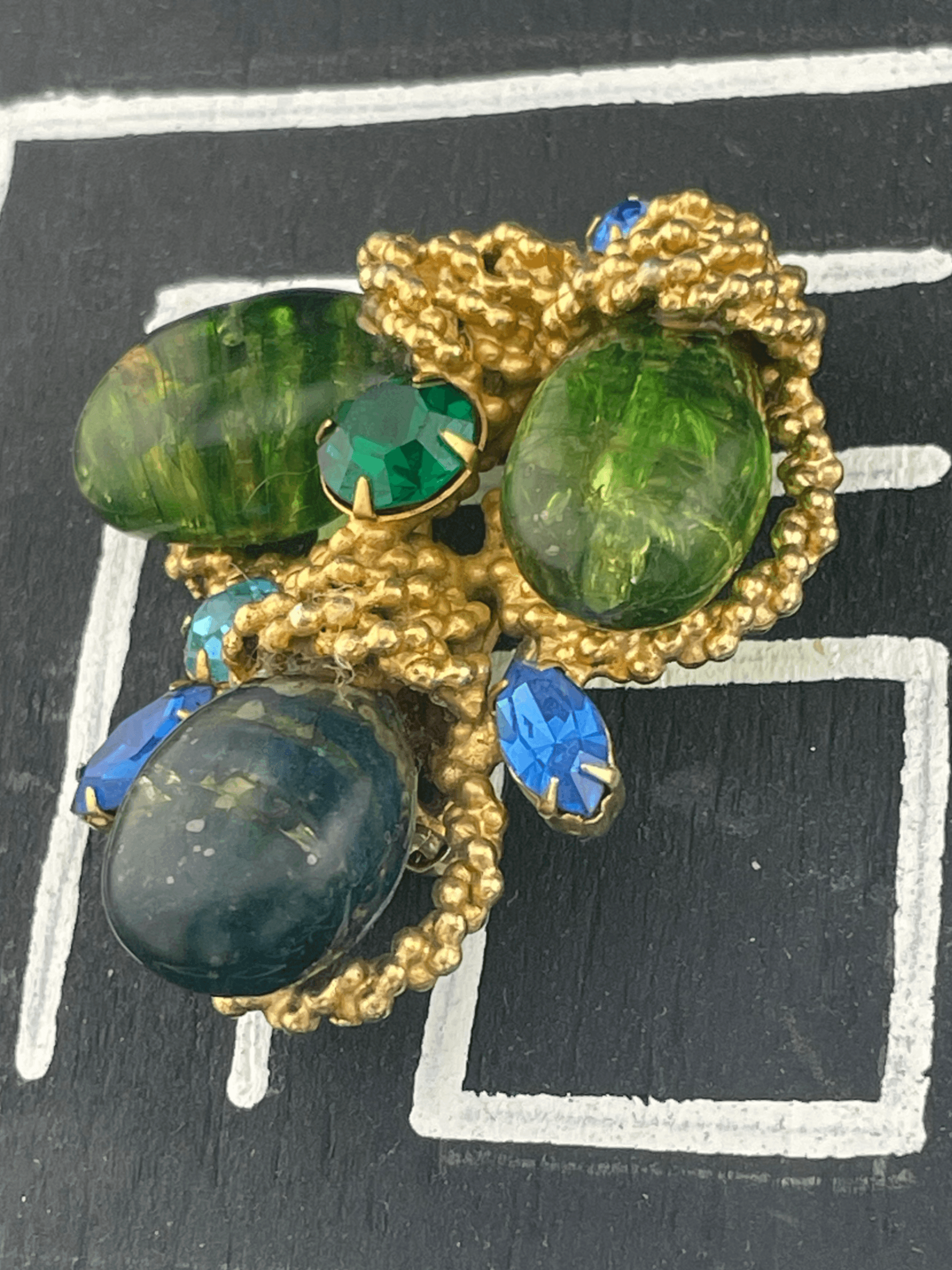 Vintage Signed Les Bernard Inc. Sculptural Art Glass Brooch Green Blue Statement - Thumbnail 5