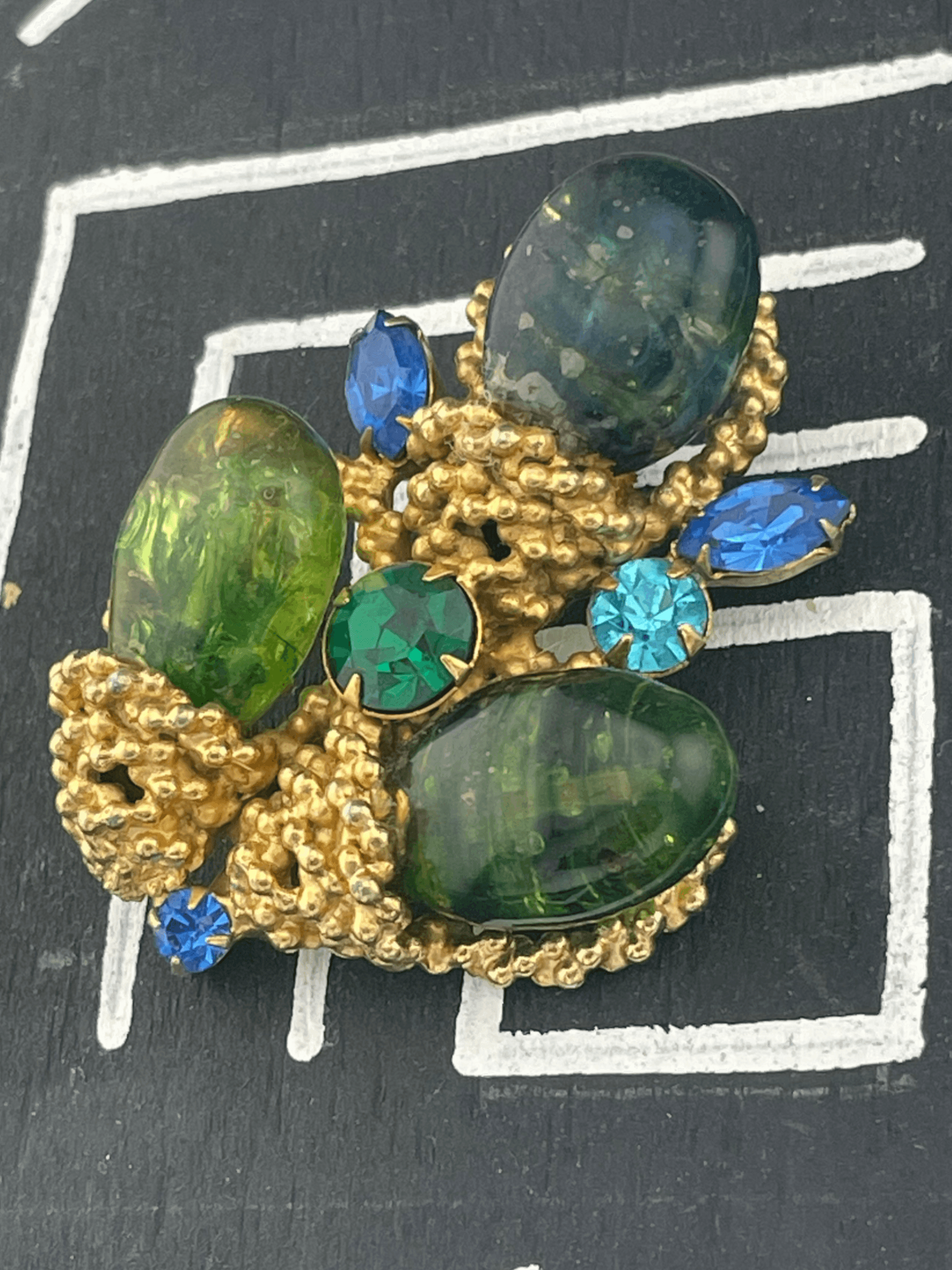 Vintage Signed Les Bernard Inc. Sculptural Art Glass Brooch Green Blue Statement - Thumbnail 6
