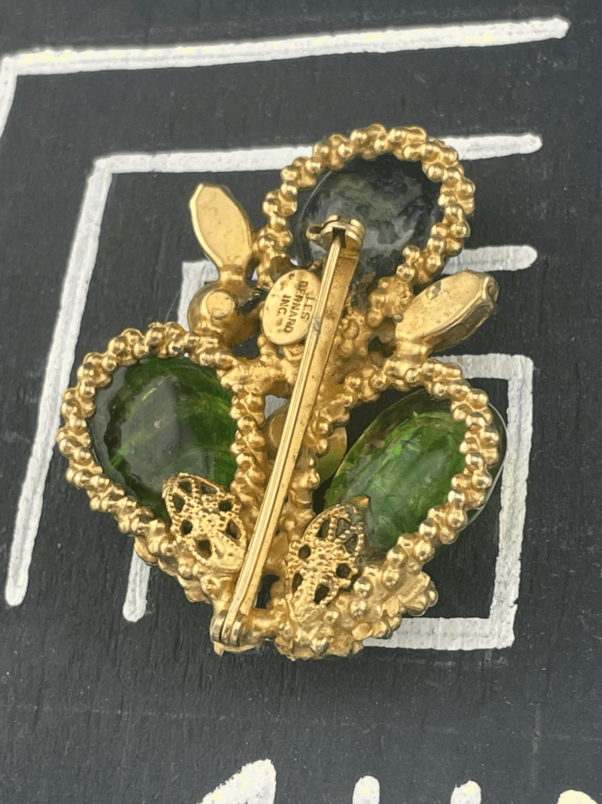 Vintage Signed Les Bernard Inc. Sculptural Art Glass Brooch Green Blue Statement - Thumbnail 7