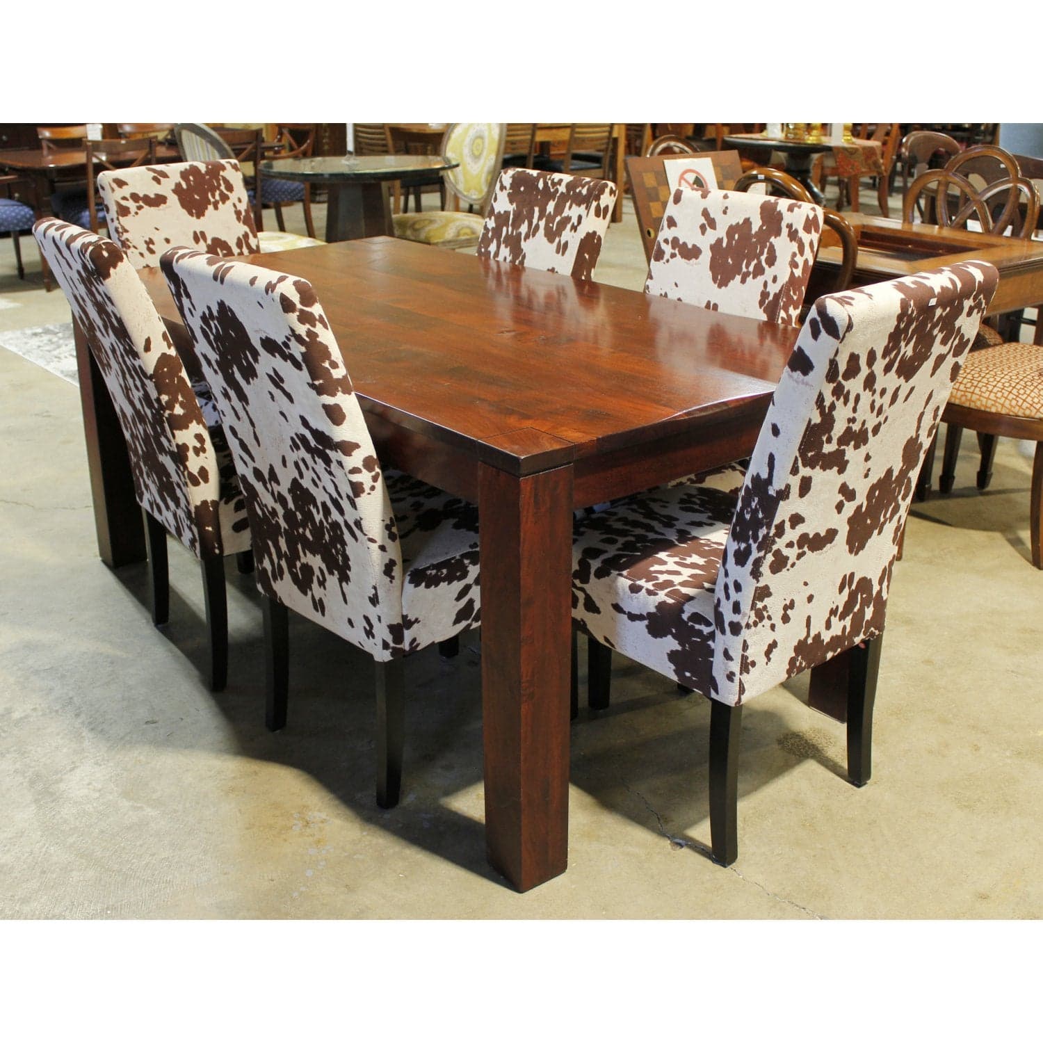 Solid Wood Distressed Dining Table w/6 Cowhide Print Chairs - Thumbnail 3