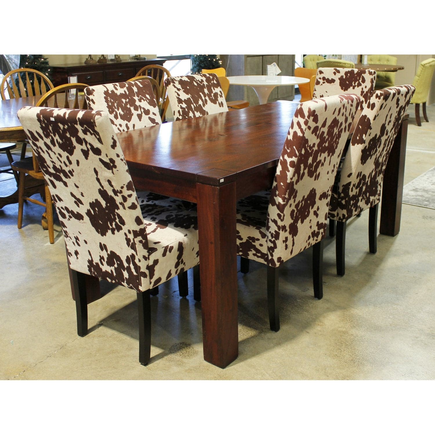 Solid Wood Distressed Dining Table w/6 Cowhide Print Chairs - Thumbnail 2