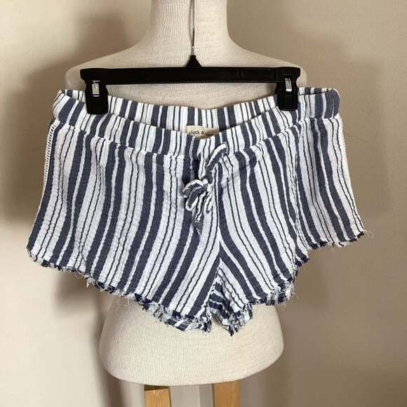 Cloth & Stone Blue and White Striped Fray Hem Drawstring Shorts Size L - Thumbnail 4