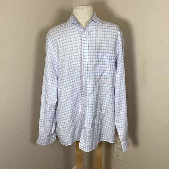 Johnston & Murphy Blue Plaid Linen Blend Button Down Shirt Size L - Thumbnail 5