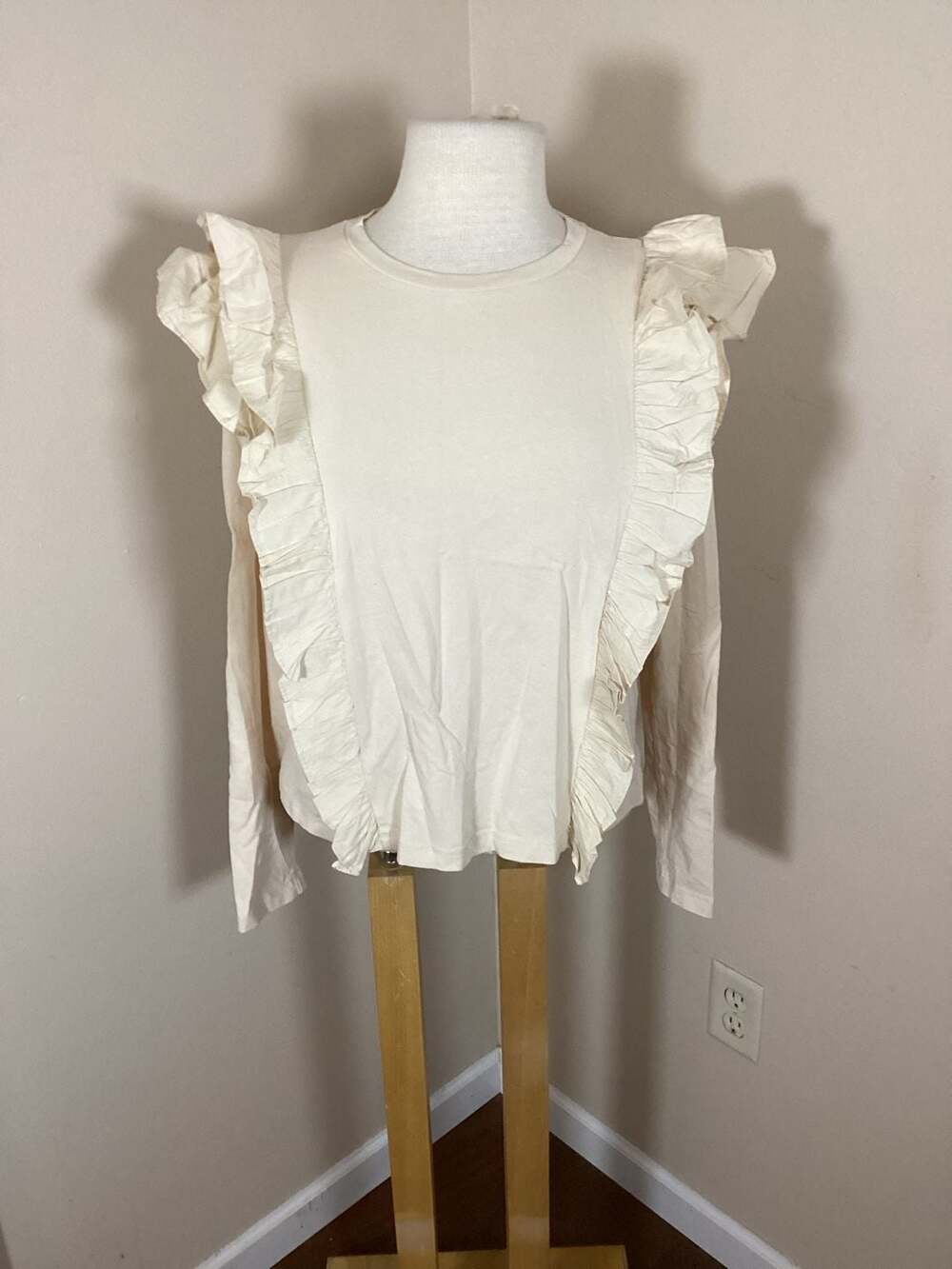 Anthropologie Cream Ruffled Long-Sleeve Tee, Size S - Thumbnail 2