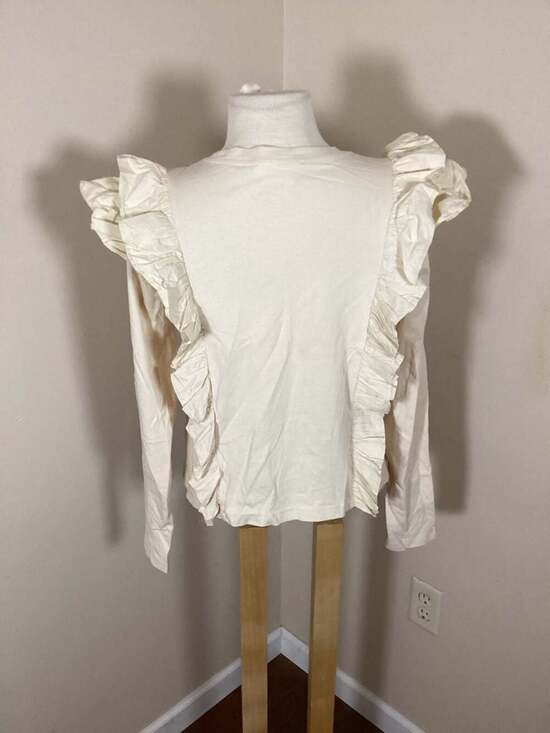 Anthropologie Cream Ruffled Long-Sleeve Tee, Size S - Thumbnail 4