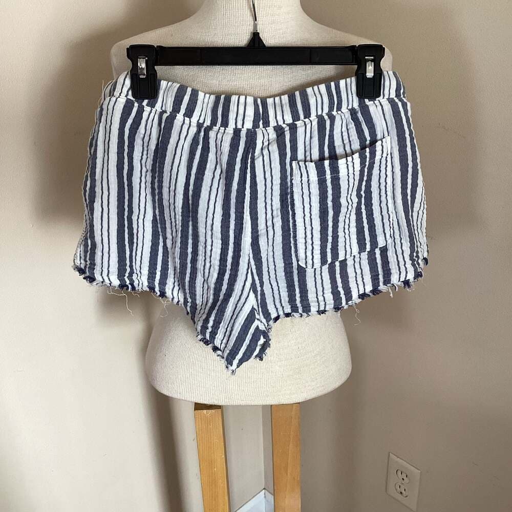 Cloth & Stone Blue and White Striped Fray Hem Drawstring Shorts Size L - Thumbnail 2