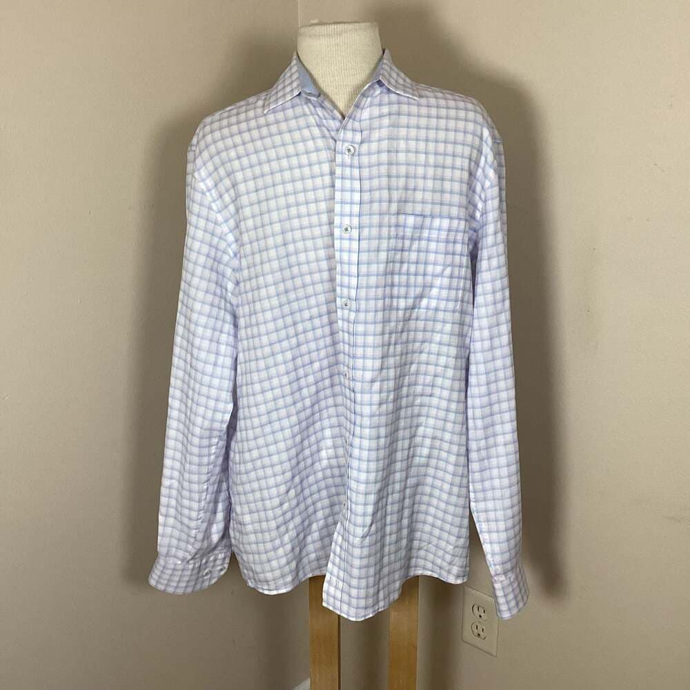 Johnston & Murphy Blue Plaid Linen Blend Button Down Shirt Size L - Thumbnail 4