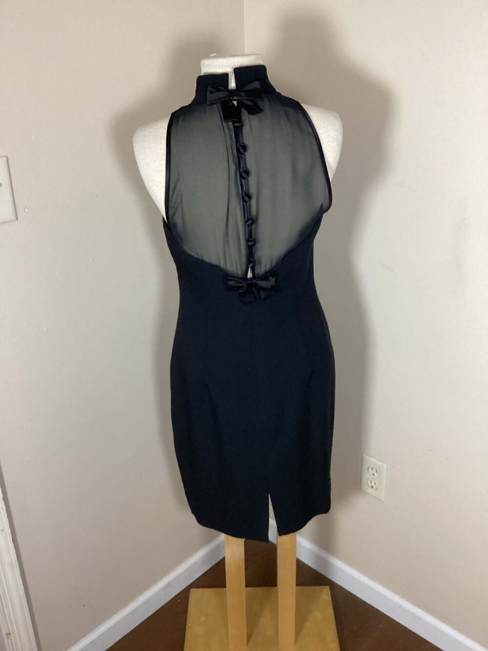 Donna Ricco Vintage Little Black Dress Sheer Mesh Back with Satin Bows - Thumbnail 2